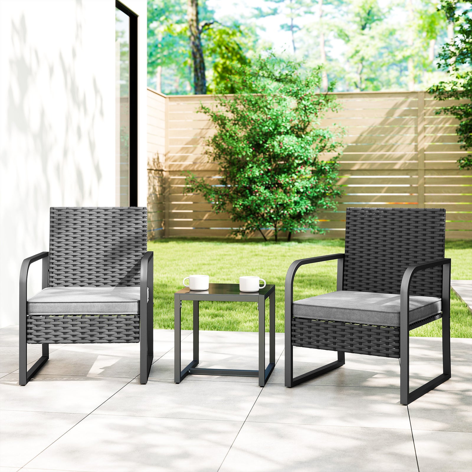 Outsunny Rattan Bistro Set, 3 Piece Garden Furniture Set Cushions, Black