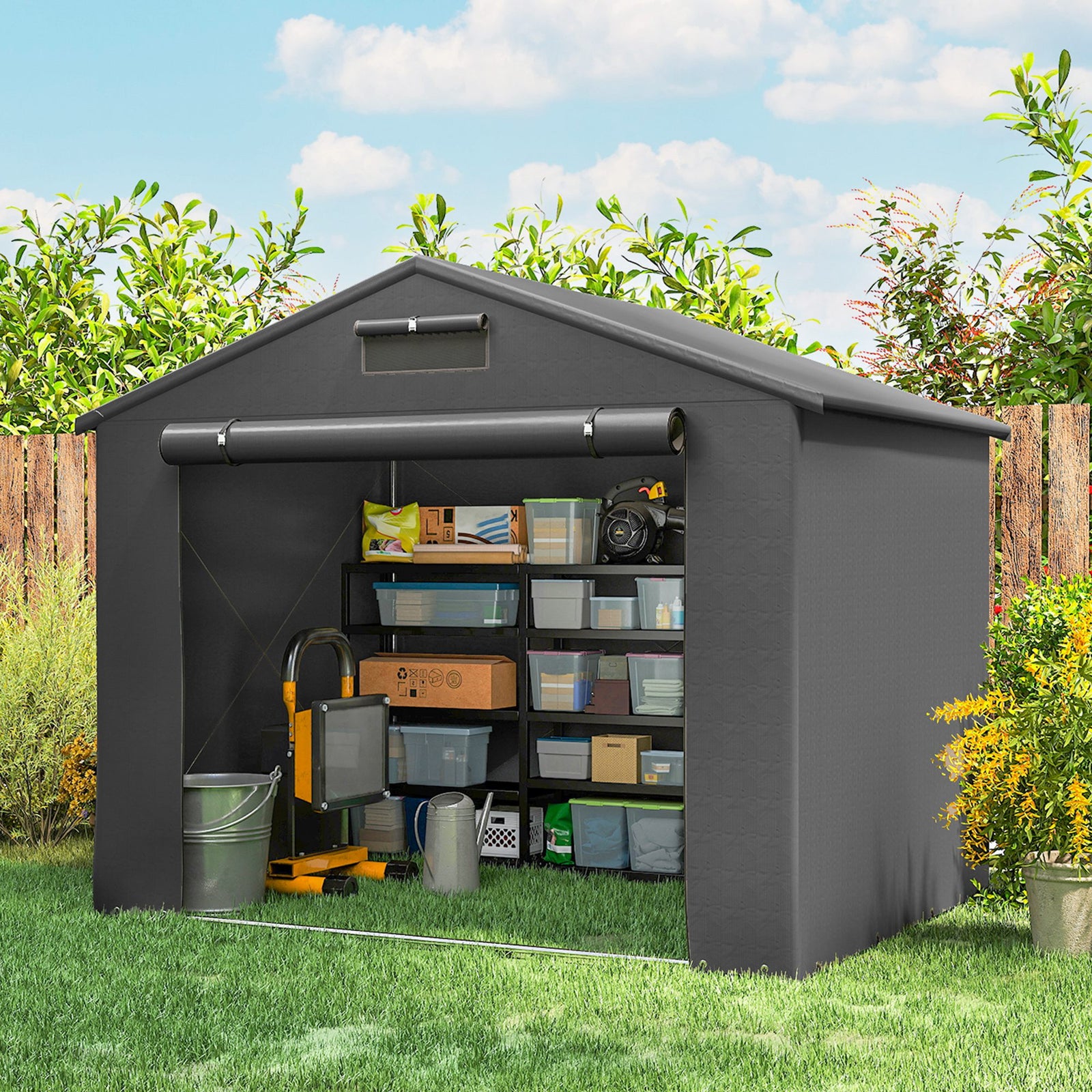 8x4ft Garden Storage Shed Roll-up Zipper Door Dark Grey