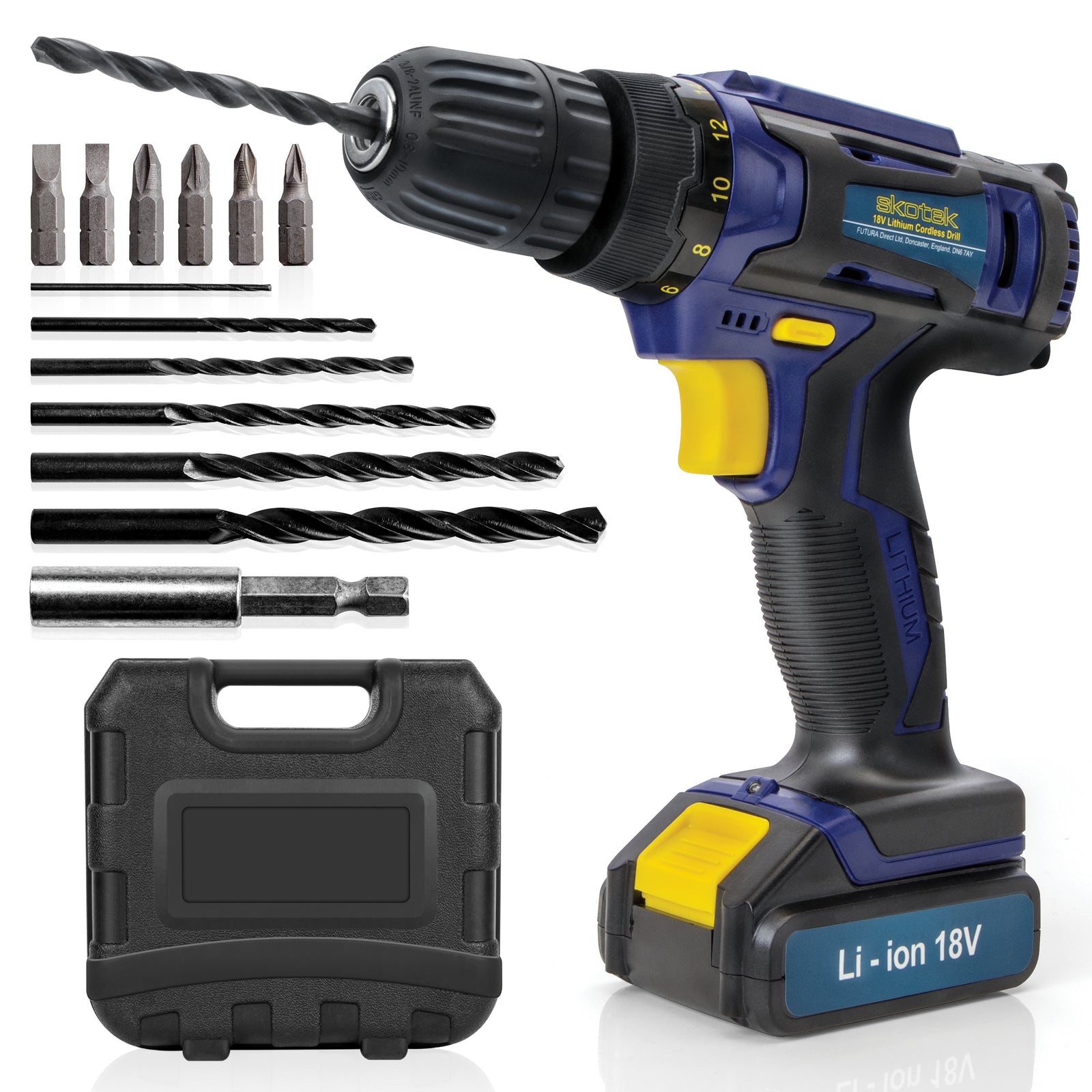 18v Cordless Drill Driver And Screwdriver Set & Drill Bit Kit Li-ion Battery Included, Lightweight Power Battery Drill | 13 Piece Kit – 1x Battery + Charger + Carry Case | Blue