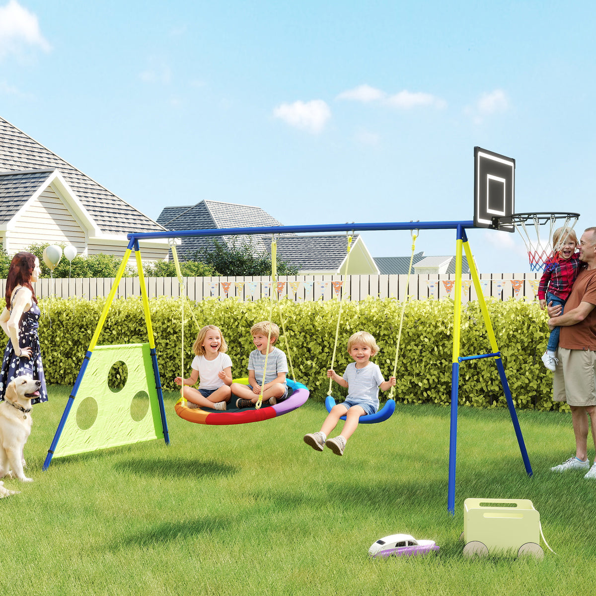AIYAPLAY 4-in-1 Kids Swing Set With Swing, Basketball Hoop, Football Goal