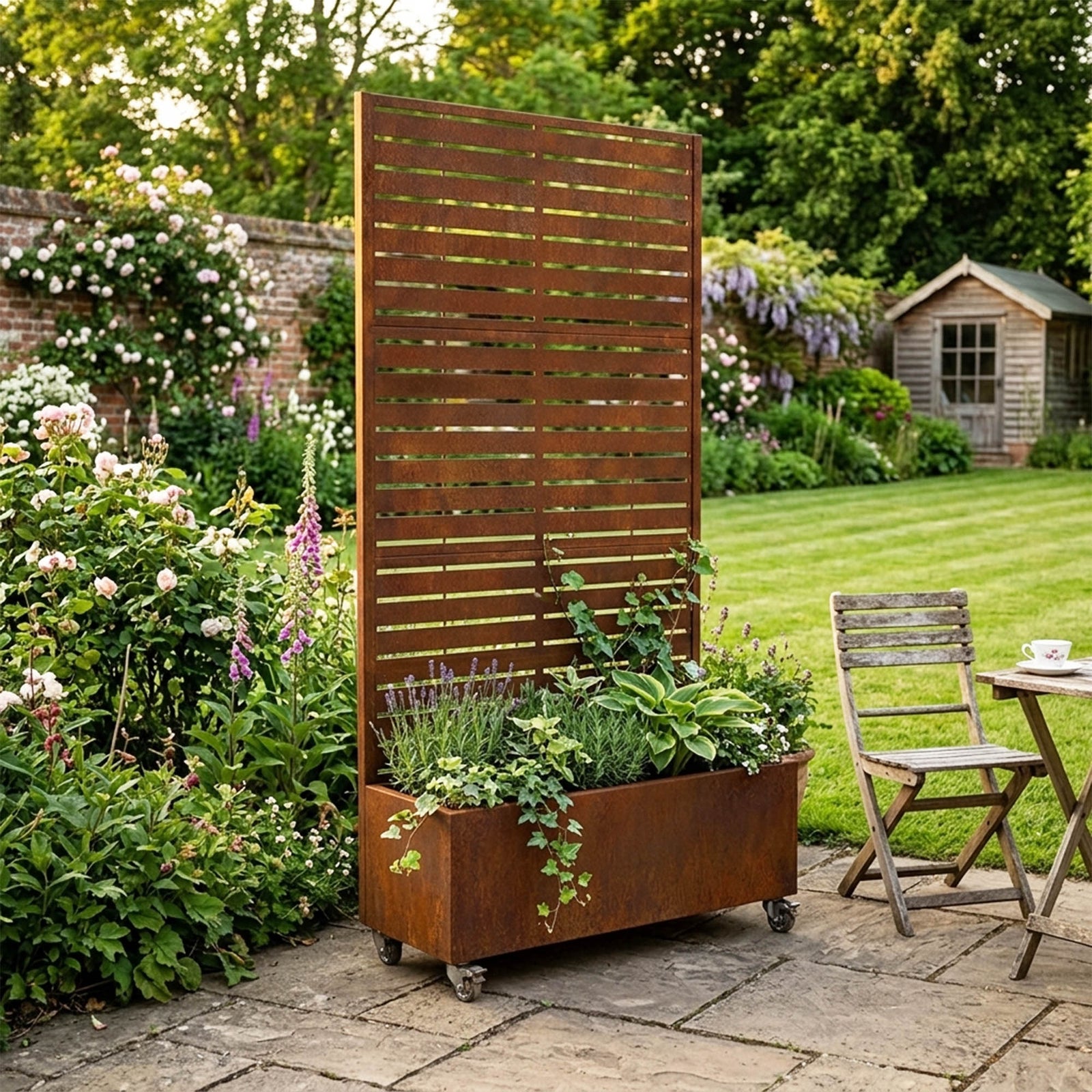 Metal Privacy Screen With Plant Pot - Slat | Rust