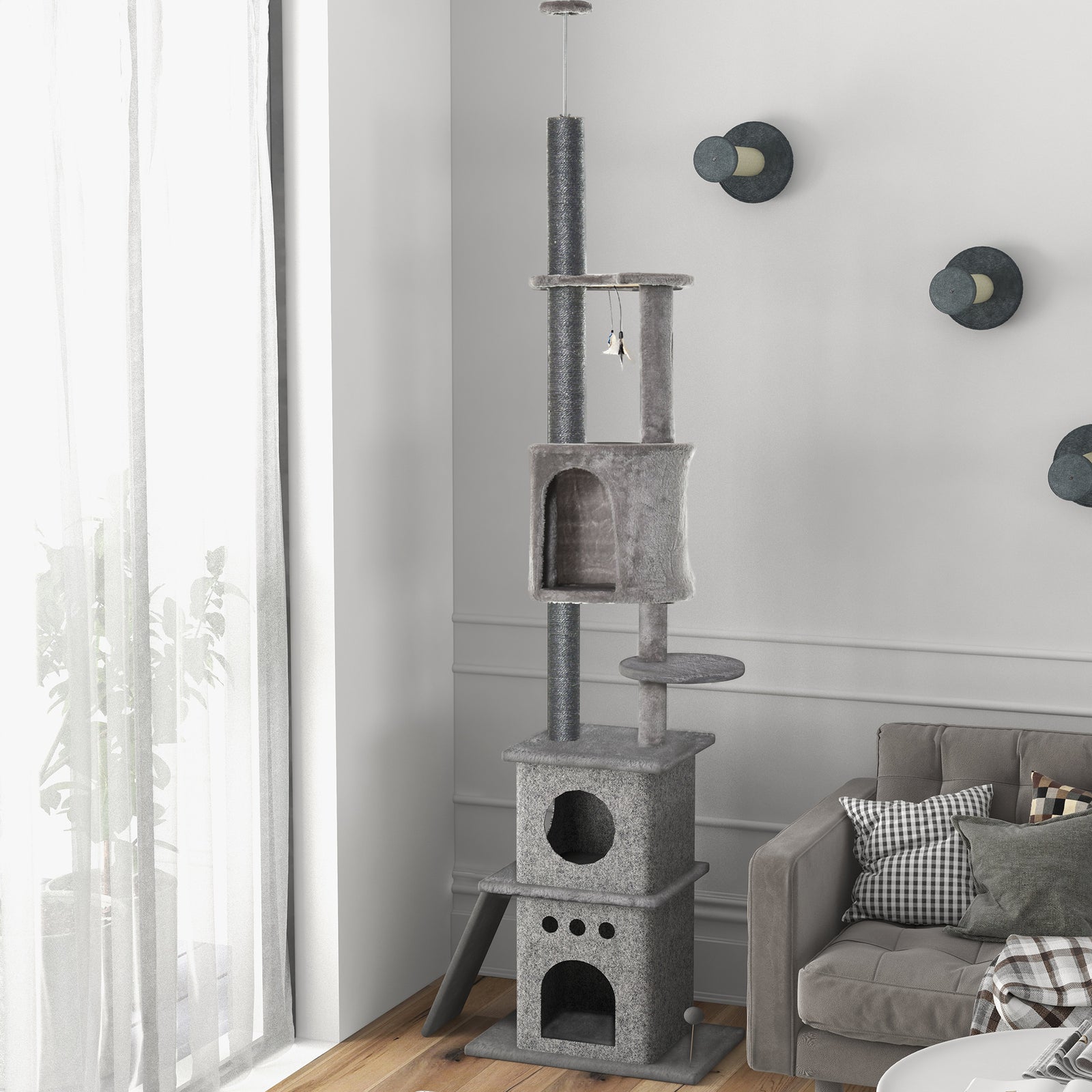 255cm Cat Tree Floor To Ceiling Kitty Activity Center With Double Condo