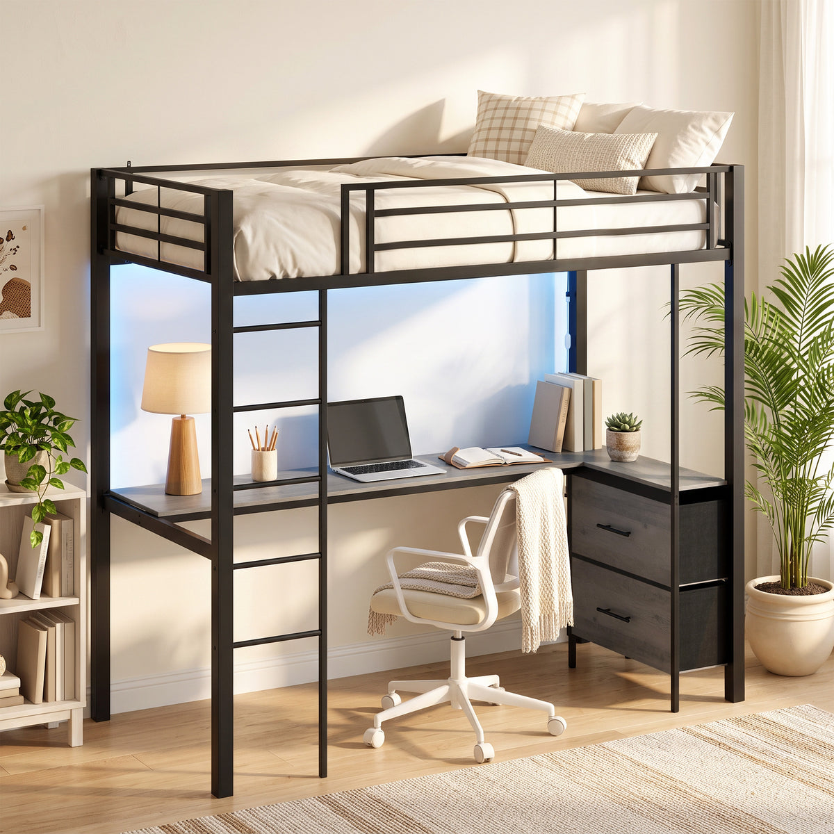 HOMCOM Metal Bunk Bed With Desk, High Sleeper With Led Light And Safety Guardrail