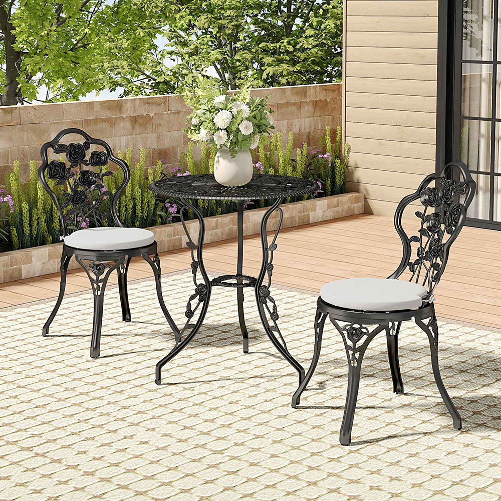 3-Piece Black Cast iron outdoor dining set circular patio balcony table and 2 chairs small weather-resistant furniture | Set of 3 | Black