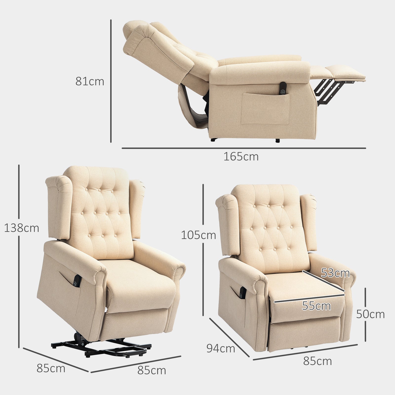 Power Lift Recliner Armchair With Wingback, Button Tufted | One Size | Beige