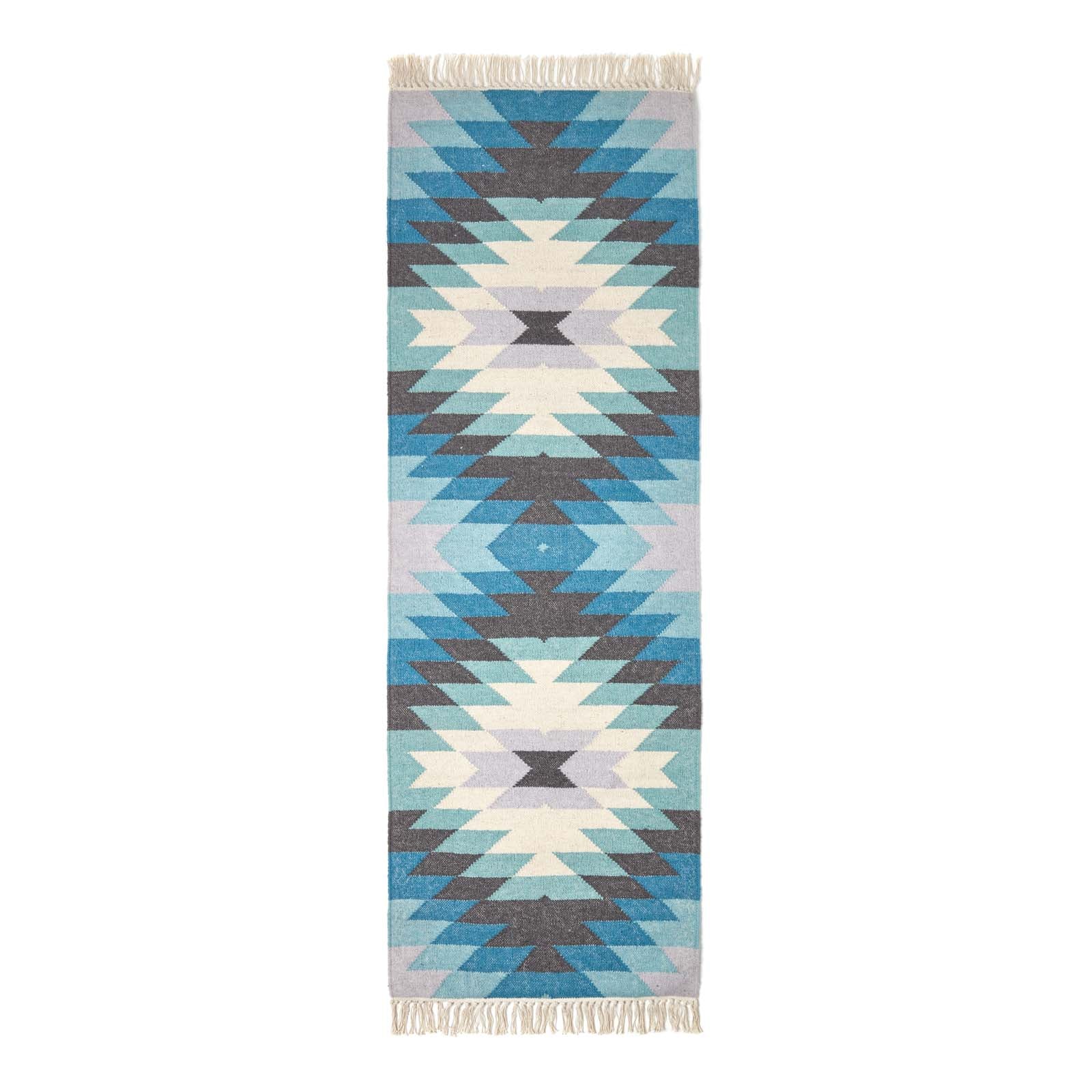 Helsinki Handwoven Geometric Blue Grey And Cream Kilim Wool Rug | 200cm | Blue & Grey