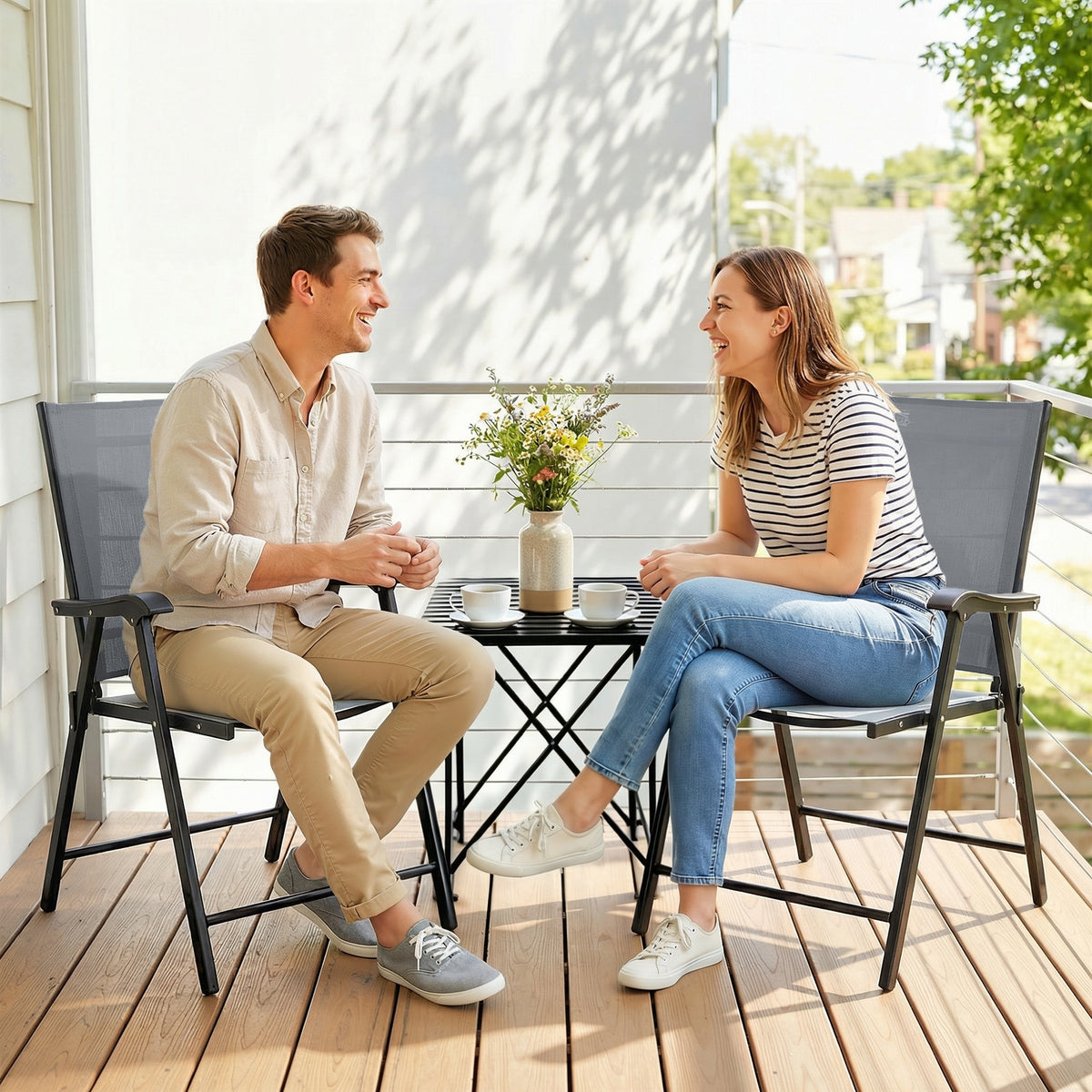 Folding Garden Chairs Set With High Back, Armrests | Set of 2 | Light Grey