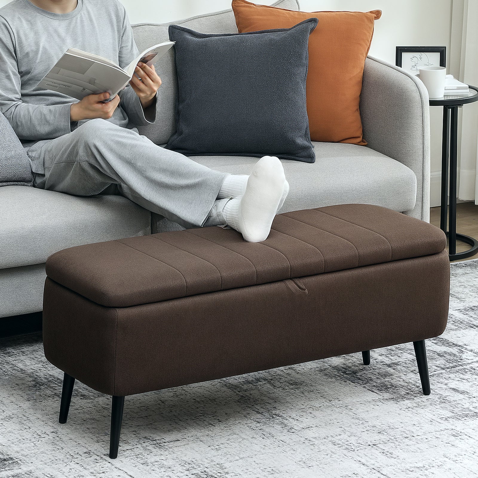 Storage Ottoman Bench, Linen Fabric Footstool With Steel Legs | Dark Brown