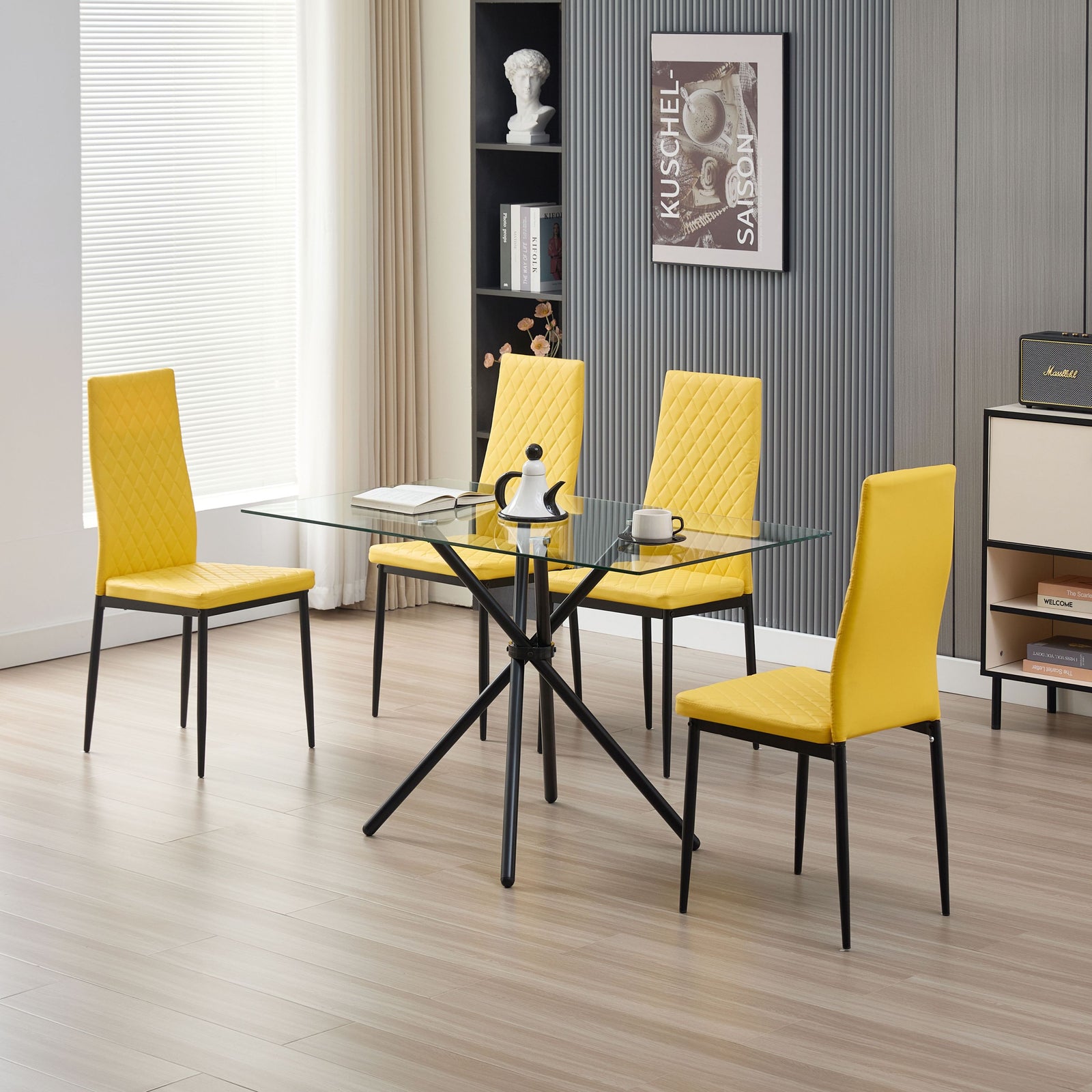 Miami Dining Table With 4 Emily Leather Chairs | Mustard