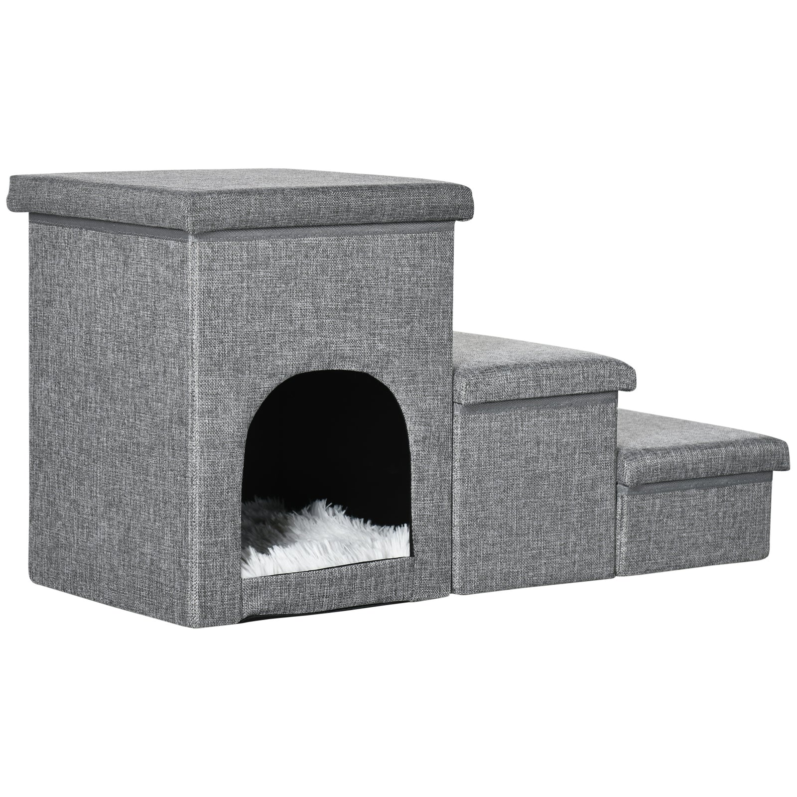 3 Step Dog Steps For Bed W/ Cat House Storage Boxes For Sofa Grey