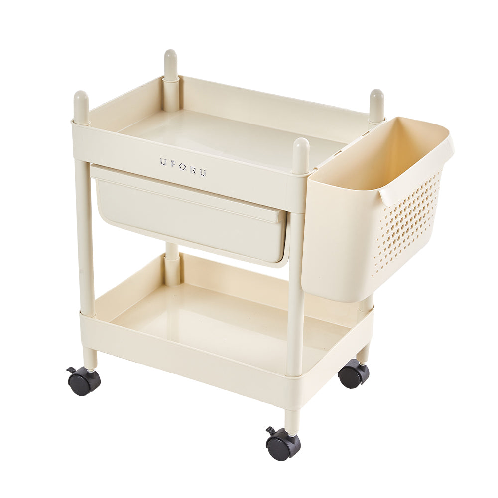 2/3/4-tier Rolling Storage Cart With Lockable Wheels Organizer Trolley With Hanging Baskets & Drawer | Small | Cream