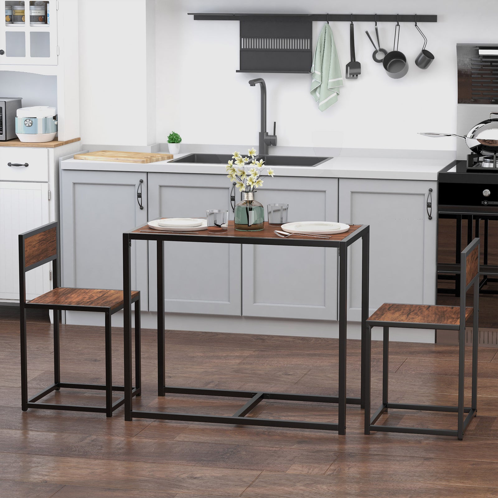 3pc Dining Bar Set, Modern Style, Metal Frame | Brown