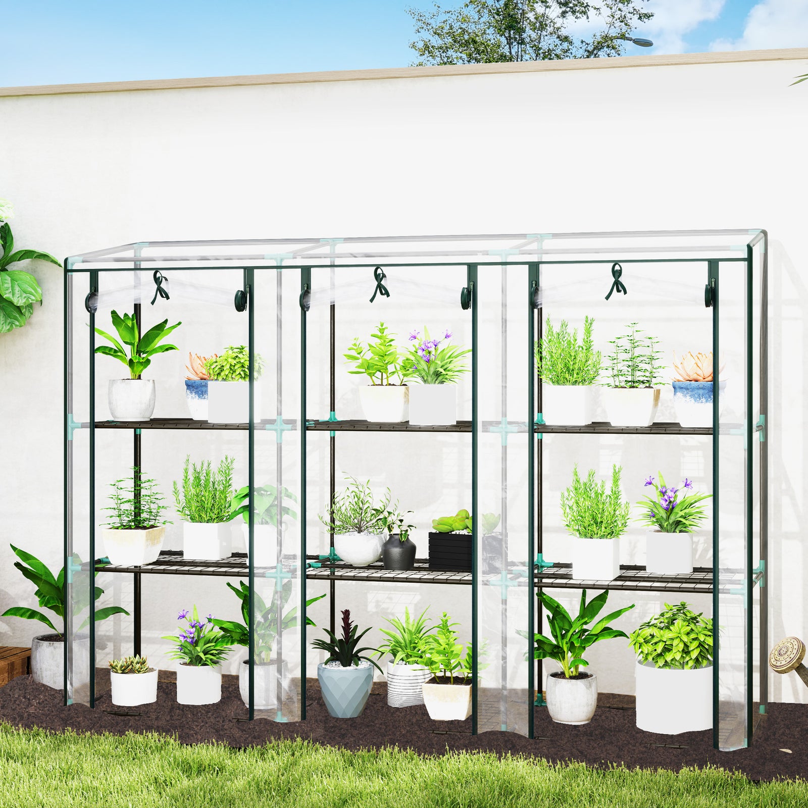 Outsunny 3 Tier Lean-to Mini Greenhouse W/ Plastic Cover