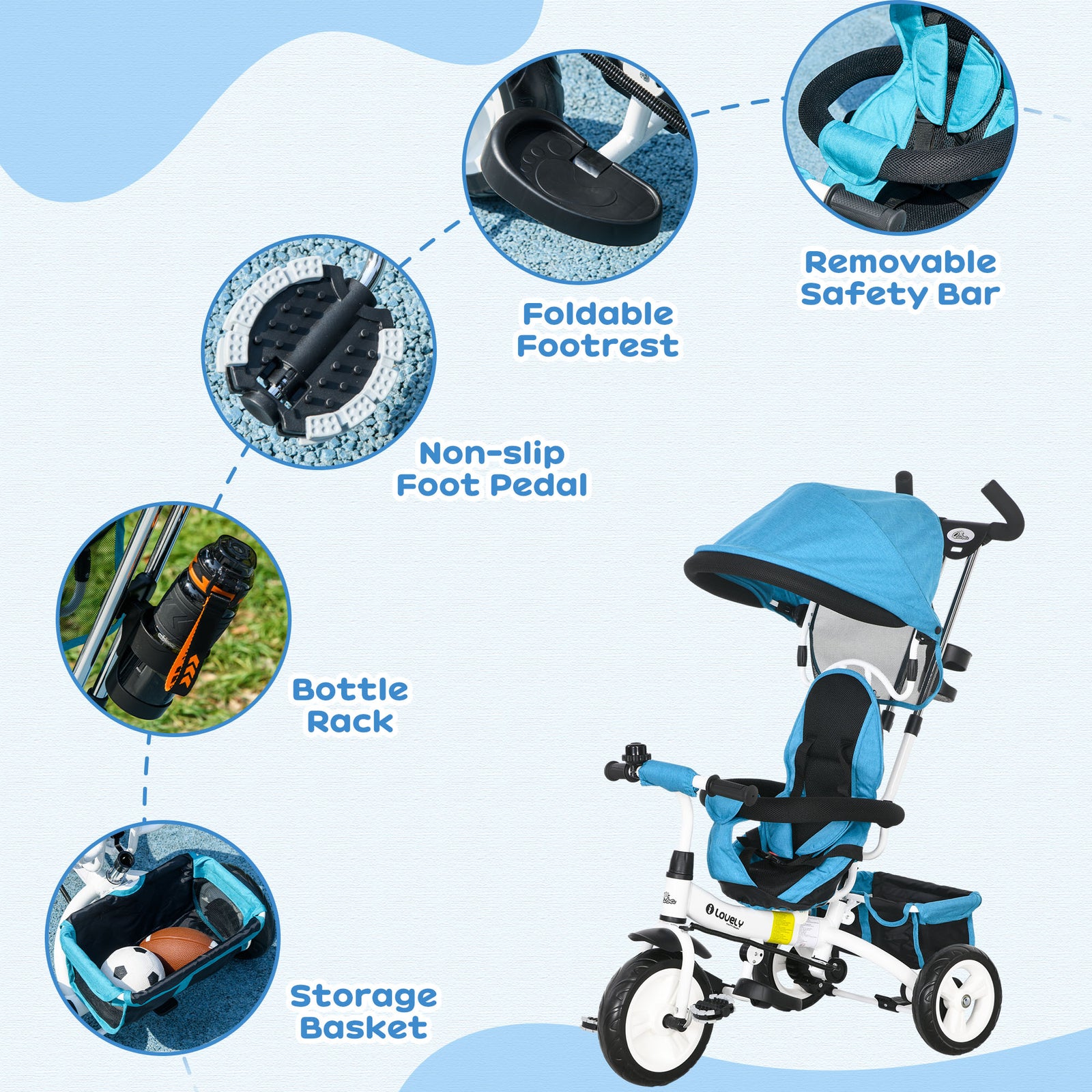 6 In 1 Kids Trike, Stroller With Parent Handle | Blue