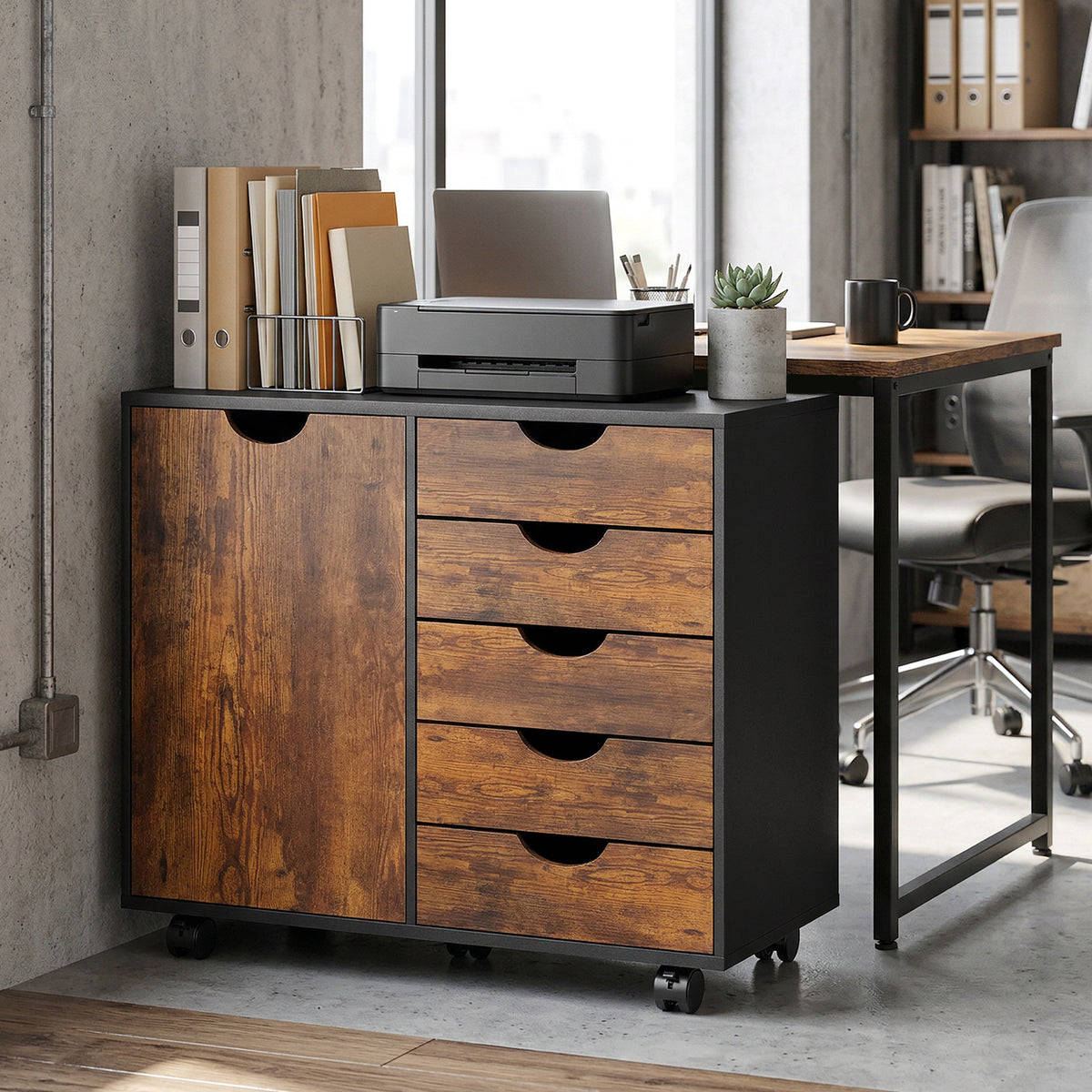 HOMCOM Modern Mobile 5-drawer Cabinet W/ Door, Office Storage Cabinet