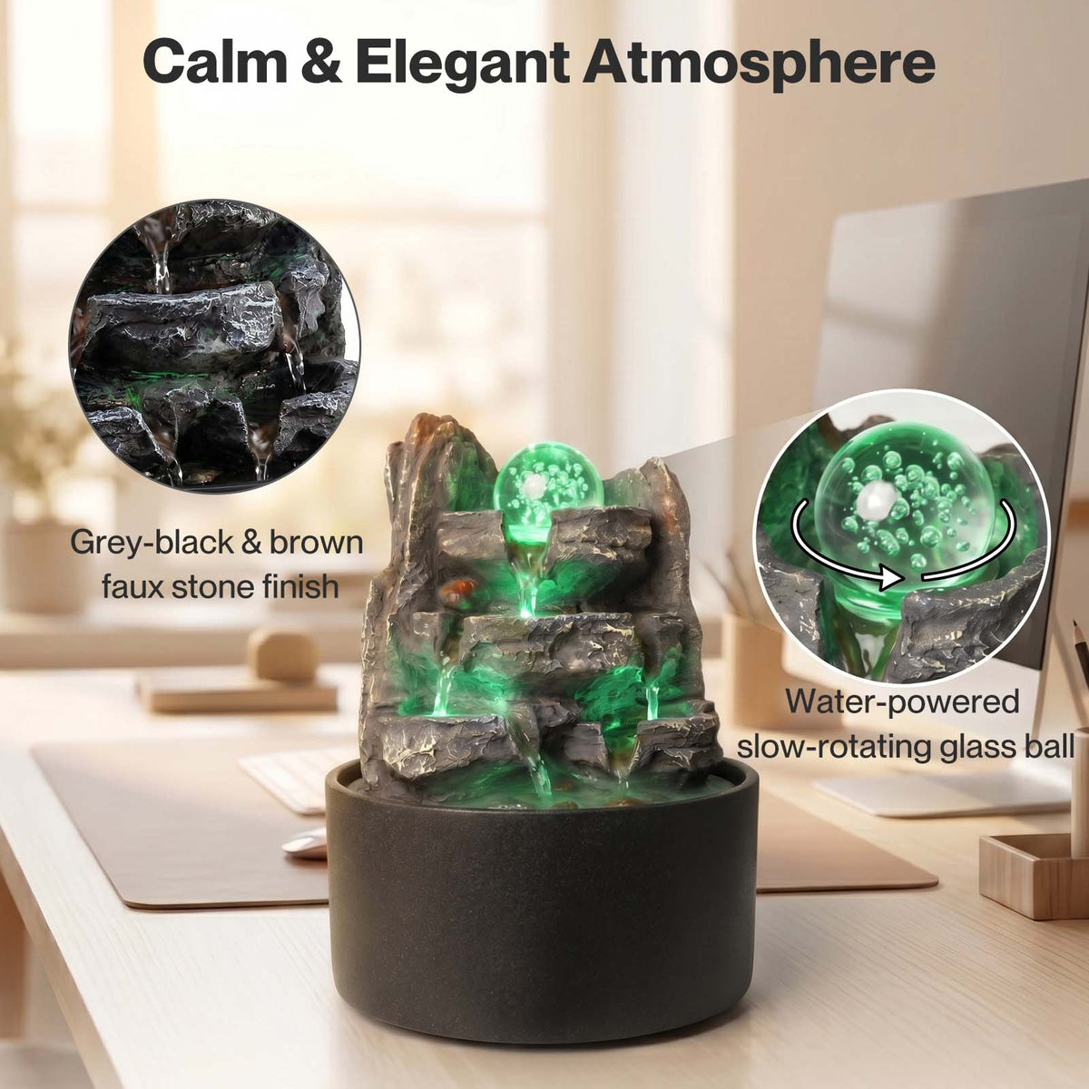 Spector Water Feature Indoor Fountains Rotating Glass Ball Led Light Resin Grey Brown