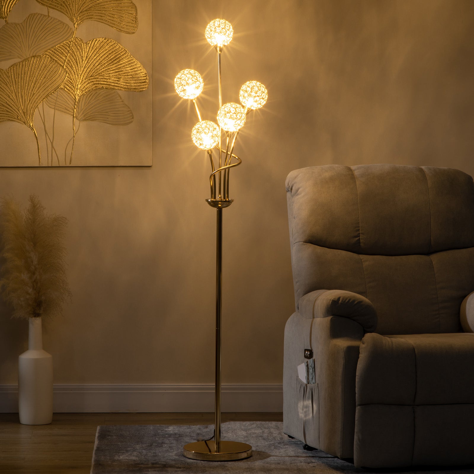 Modern Floor Lamp With K9 Crystal Shade 5 Light | One Size | Gold