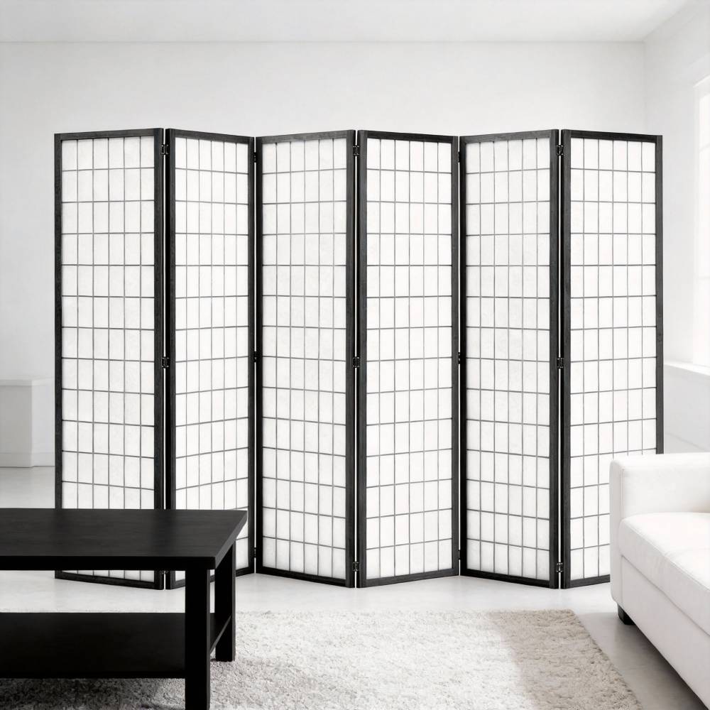 6-panel Freestanding Room Divider – Pine Wood Lattice Design | Black