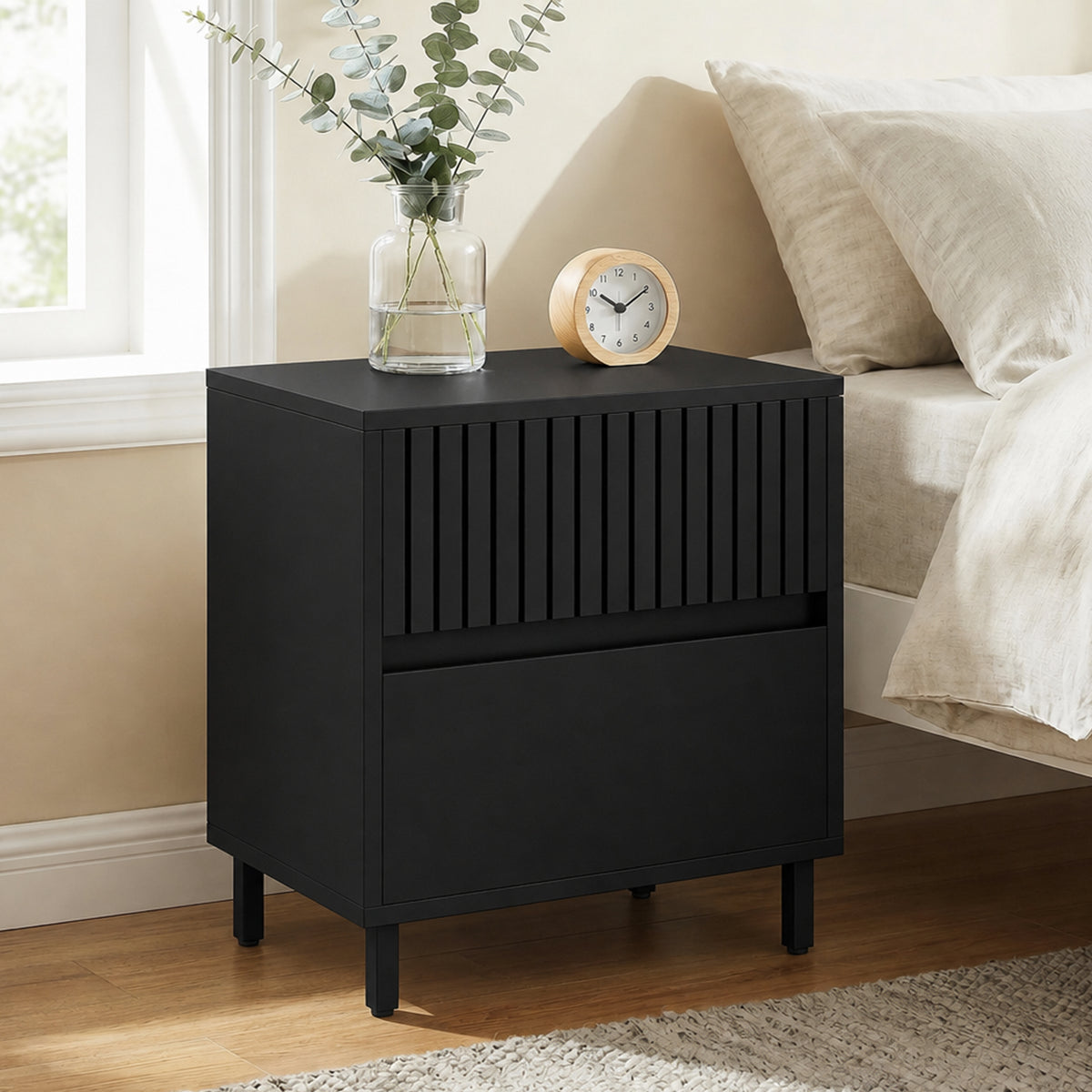 HOMCOM Bedside Cabinet With 2 Drawers, Storage And Steel Legs, Black