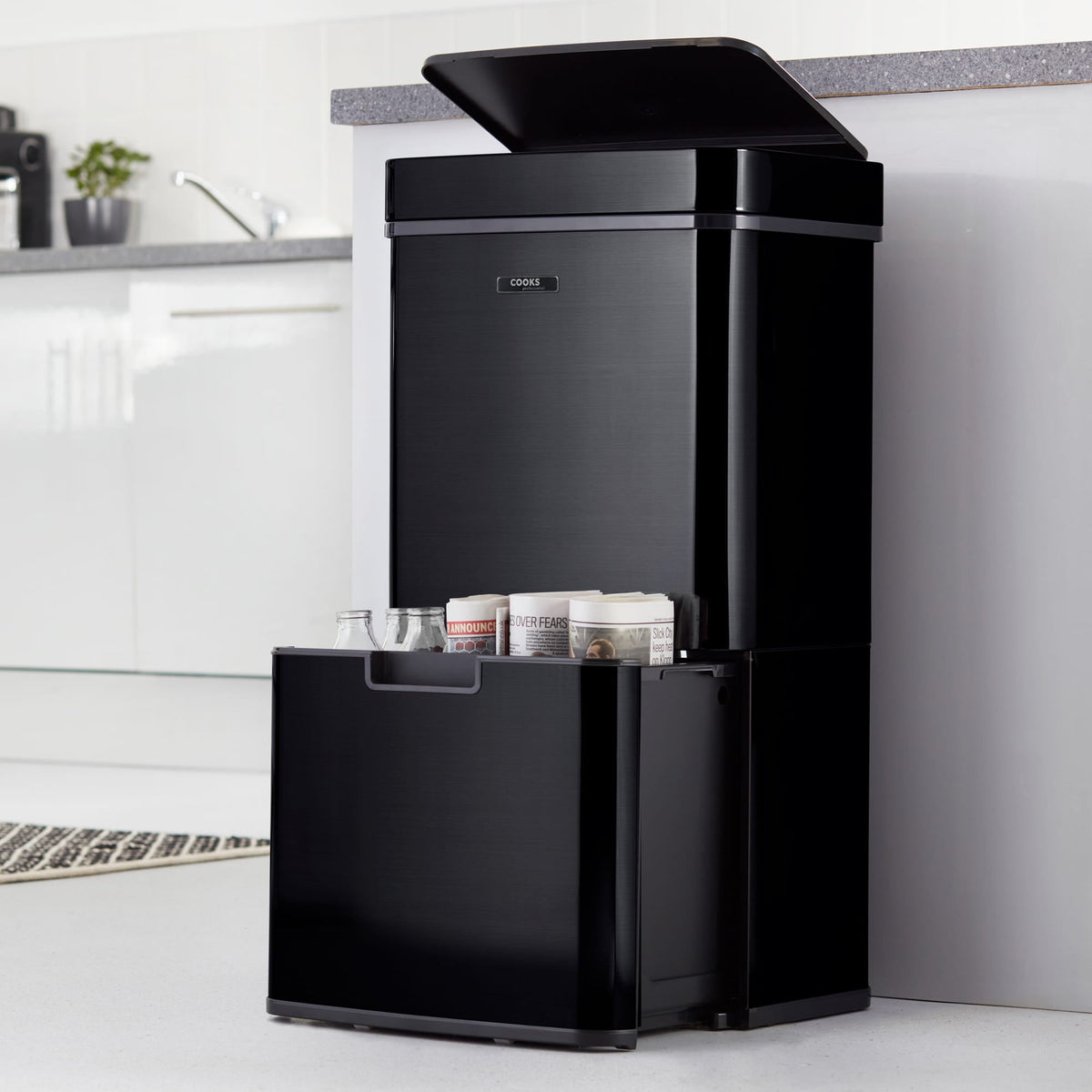 75l Sensor Recycling Bin With Food Caddy & 25 Bin Biodegradable Bags | 75L | Black
