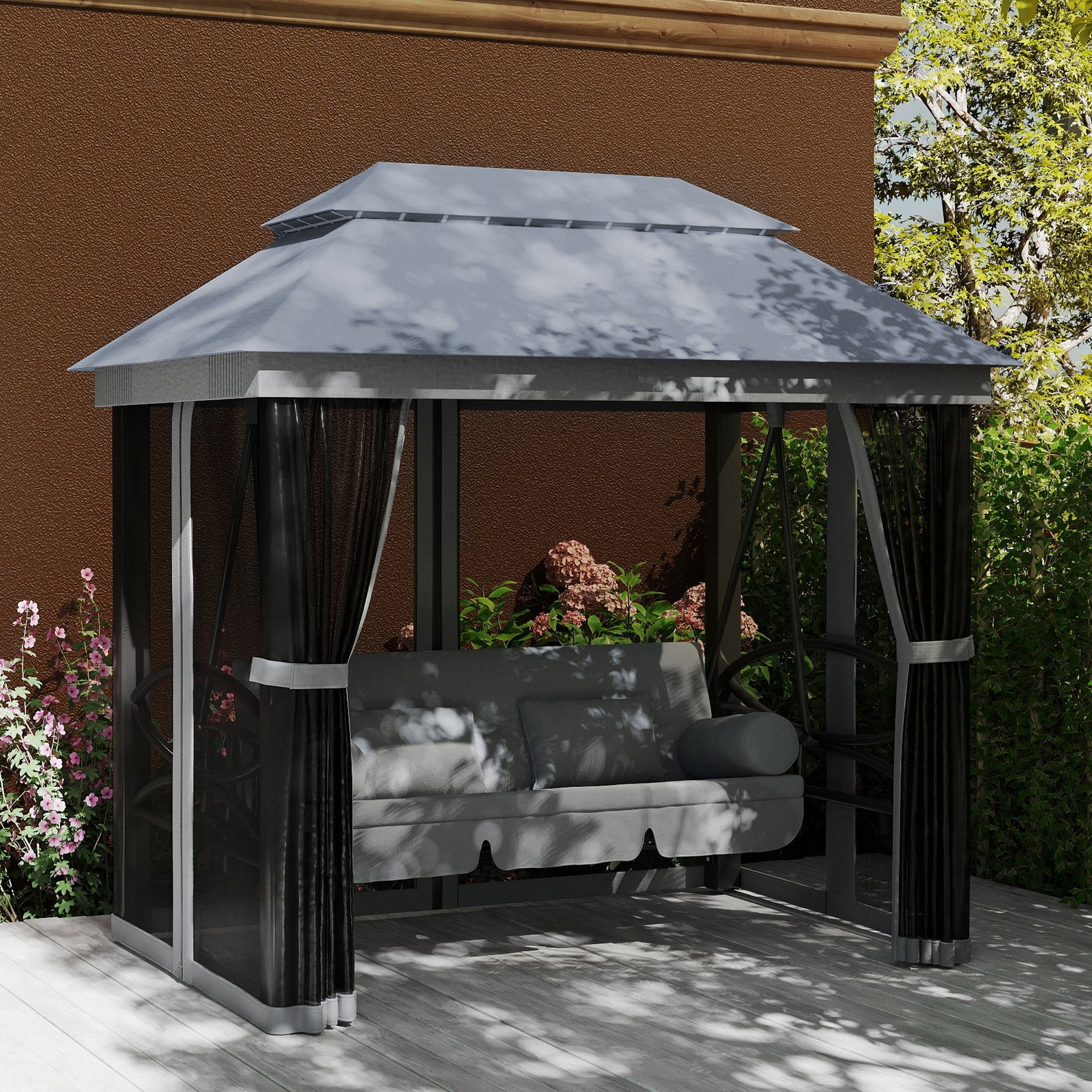 3 Person Canopy Gazebo Swing Outdoor Patio Lounge W/ Mesh Walls