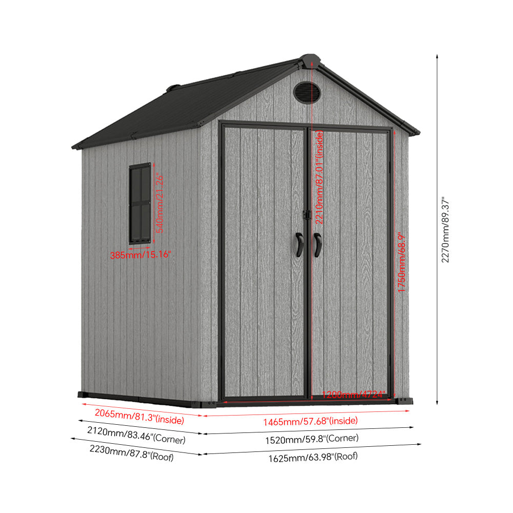 5.33 × 7.32 ft Garden Tool Shed With Apex Roof & Combination Lock – Grey Wood Grain Storage Shed With Window & Vents