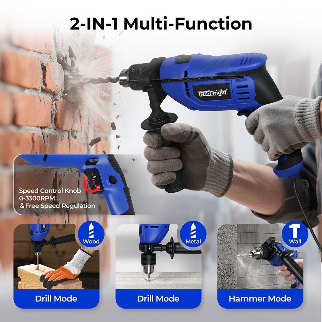 Electric Hammer Drill 13mm Chuck Powerful Variable Speed Corded Diy | Blue