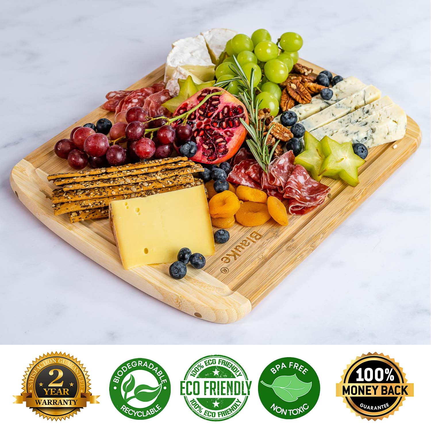 BlauKe Wood Cutting Board For Kitchen - 37x29cm Bamboo Cutting Board With Juice Groove - Wooden Butcher Block