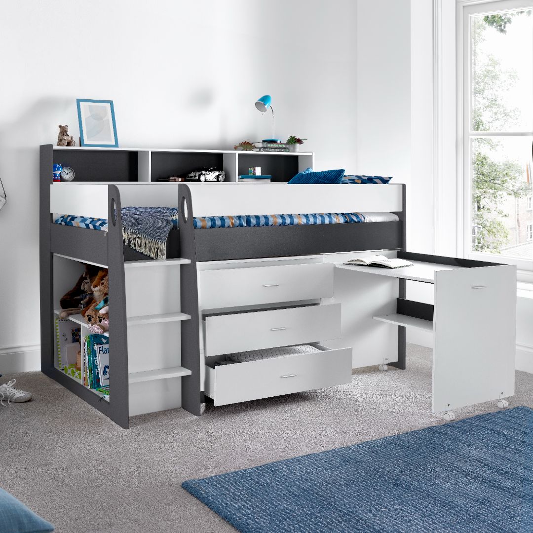 Ersa Mid Sleeper Bed With Desk With Spring Mattress | Single | Grey