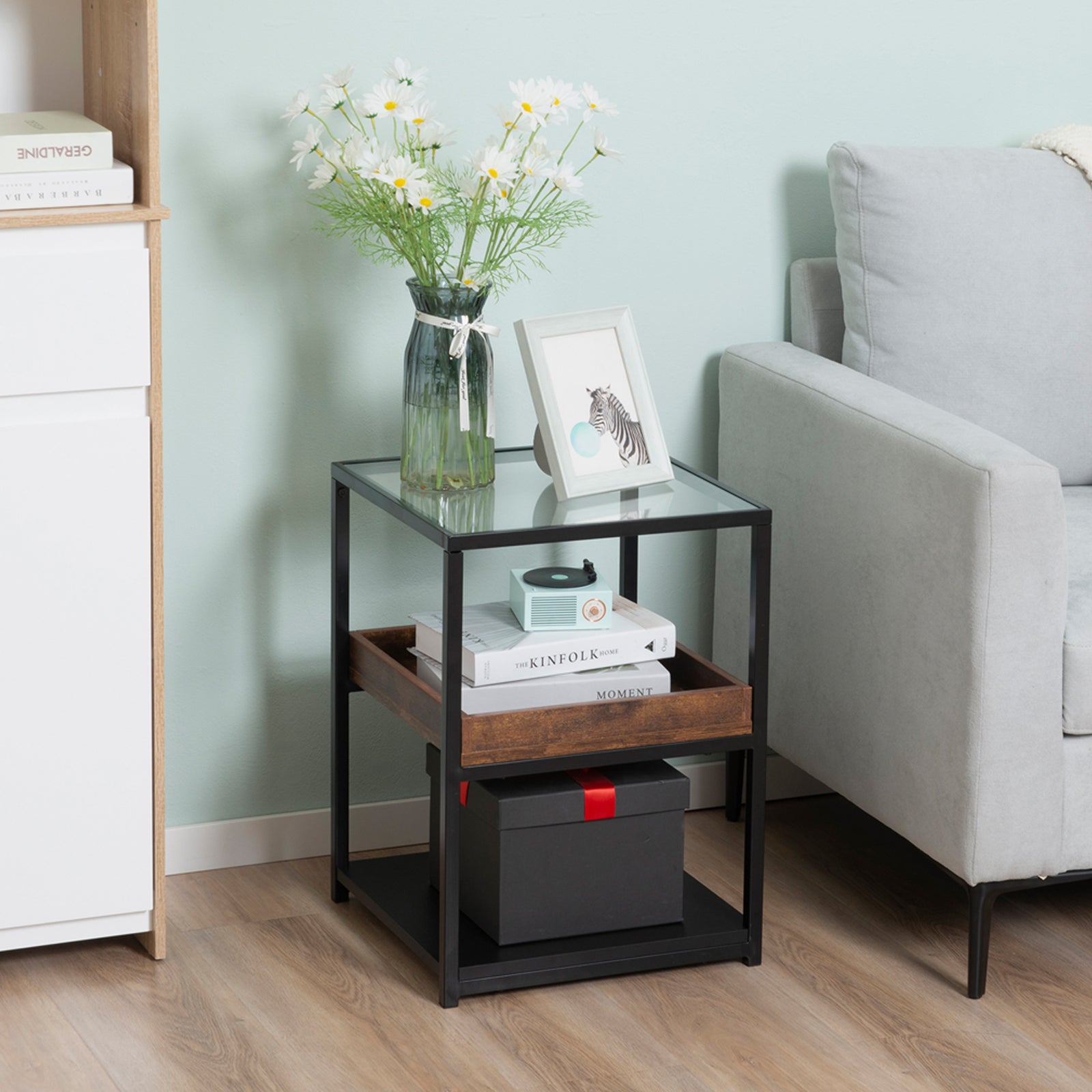 Industrial Side Table W/ 3-tier Storage Shelves | Brown
