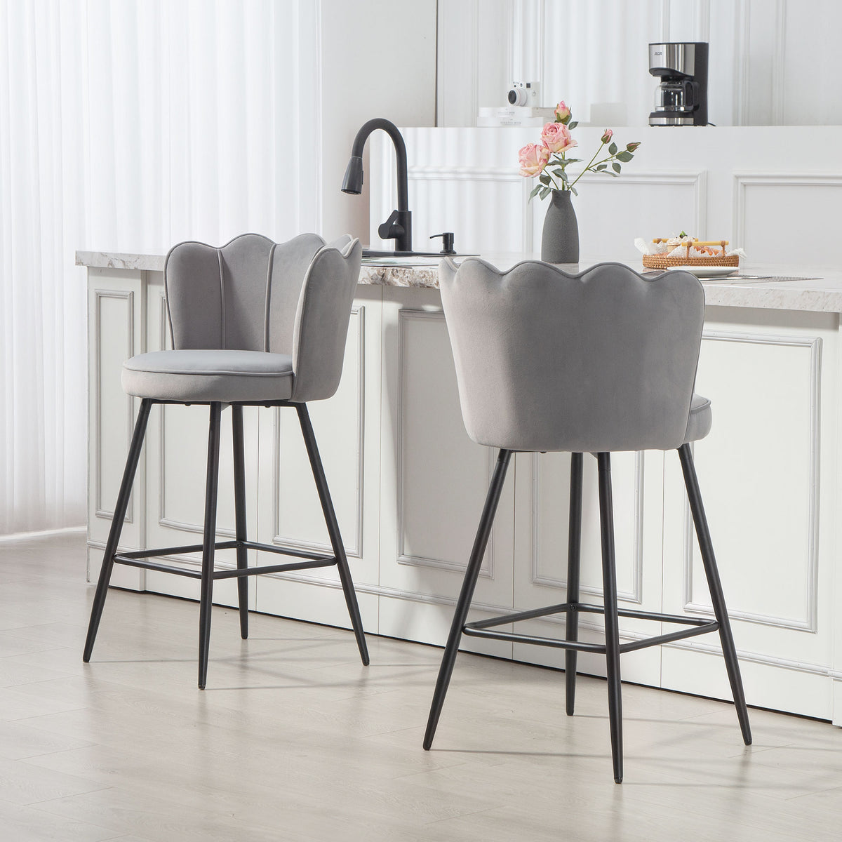 Barstool With Petal Backrest For Kitchen Island | Set of 2 | Grey