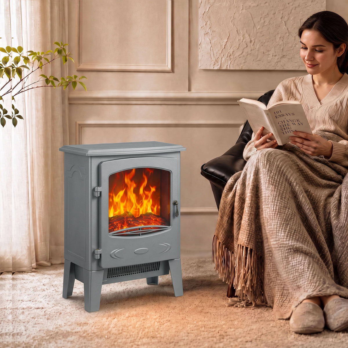 Electric Fireplace Freestanding W/ Realistic Flame Effect, Grey
