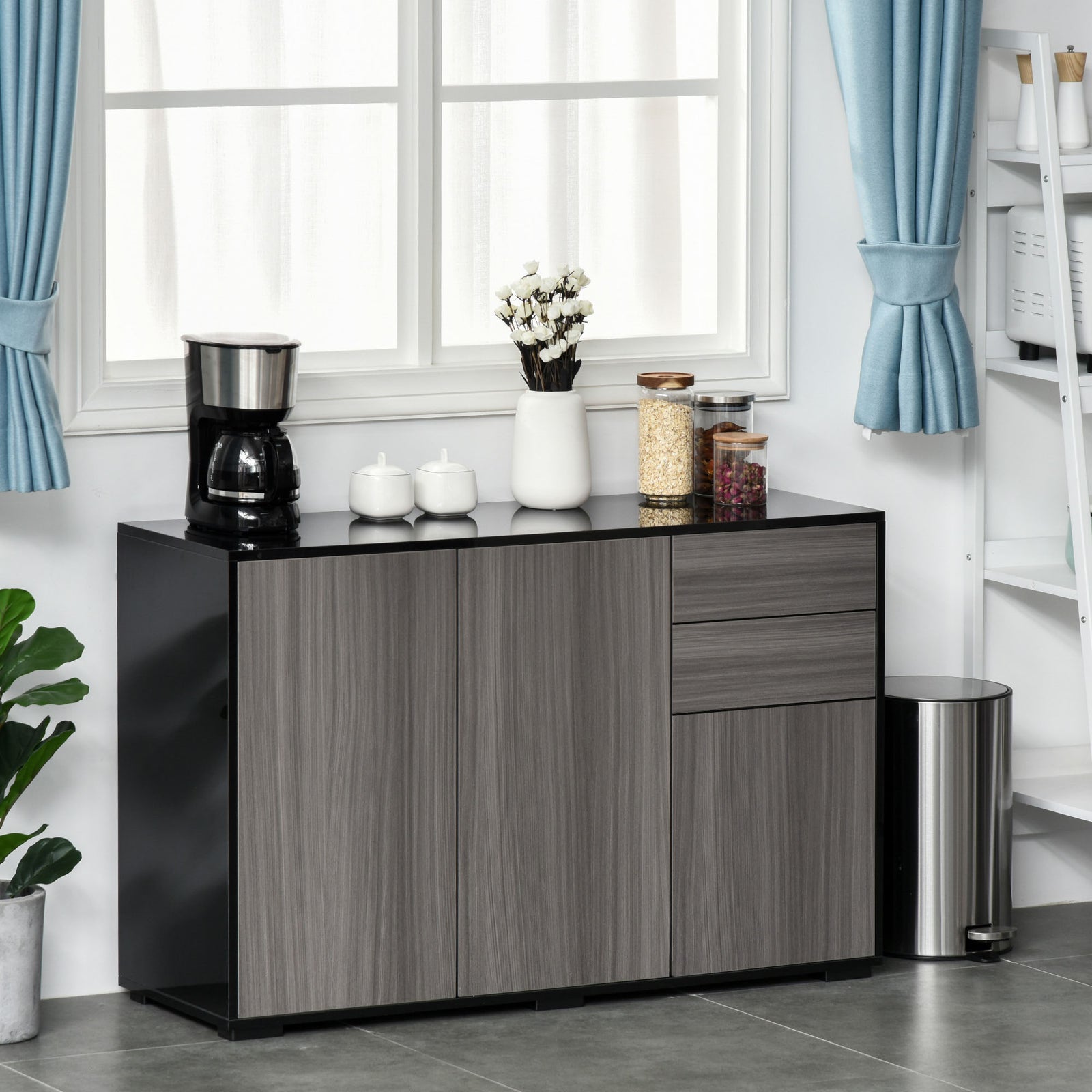 Side Cabinet With 2 Door Cabinet And 2 Drawer Home Office | One Size | Black & Grey