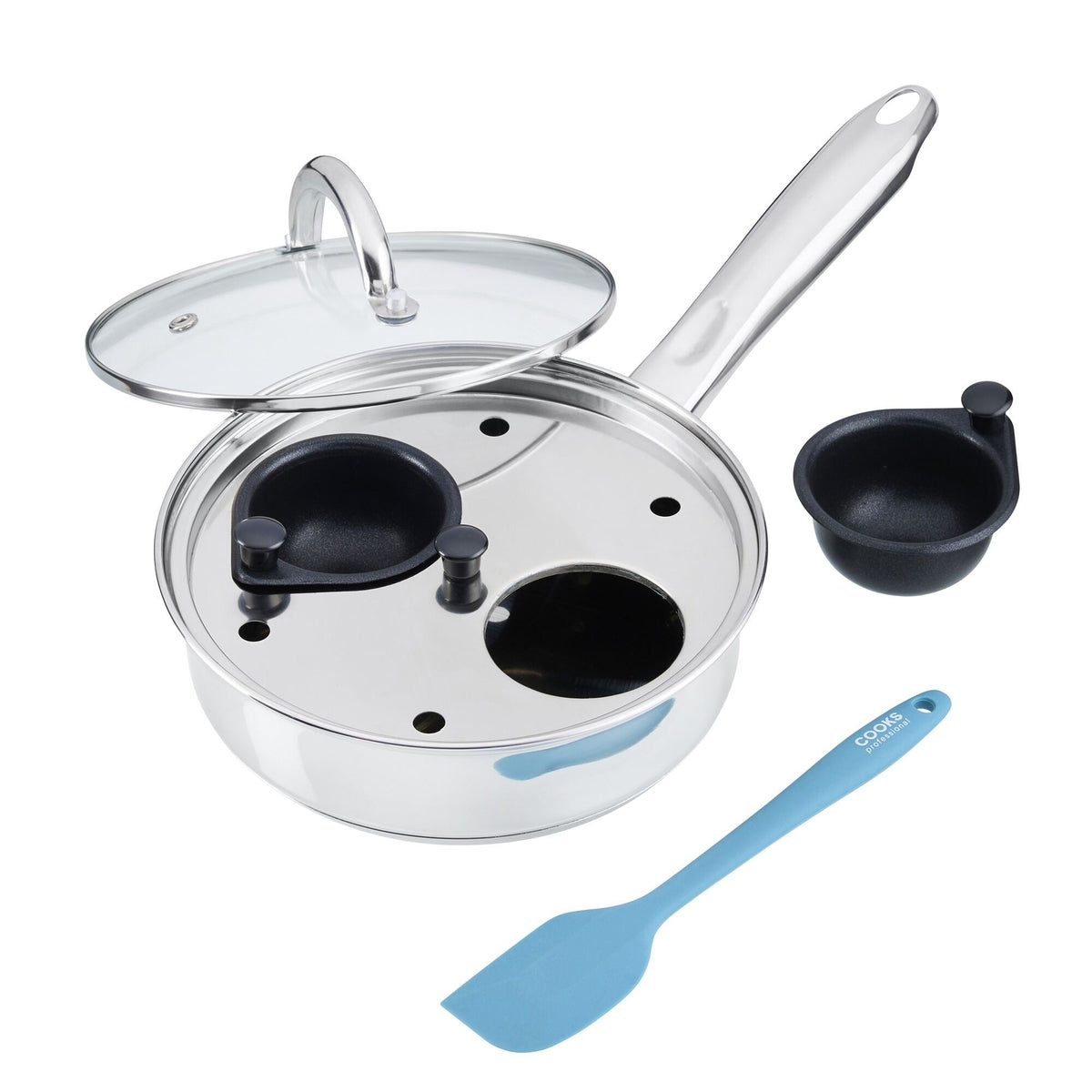 Stainless Steel Egg Poacher Pan With Spatula | 2 Cup | Silver