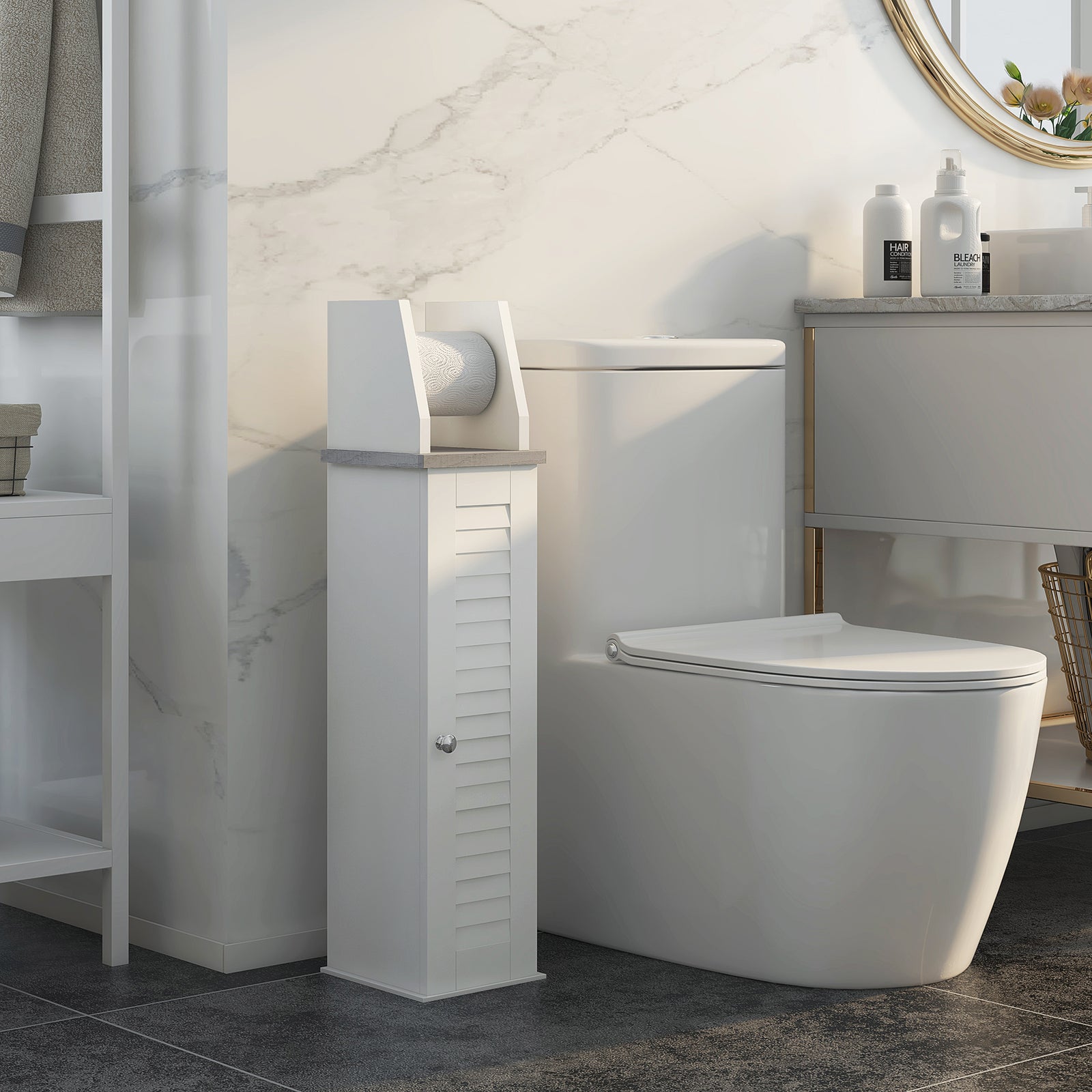 Slim Toilet Roll Storage Unit With Cupboard Adjustable Shelf