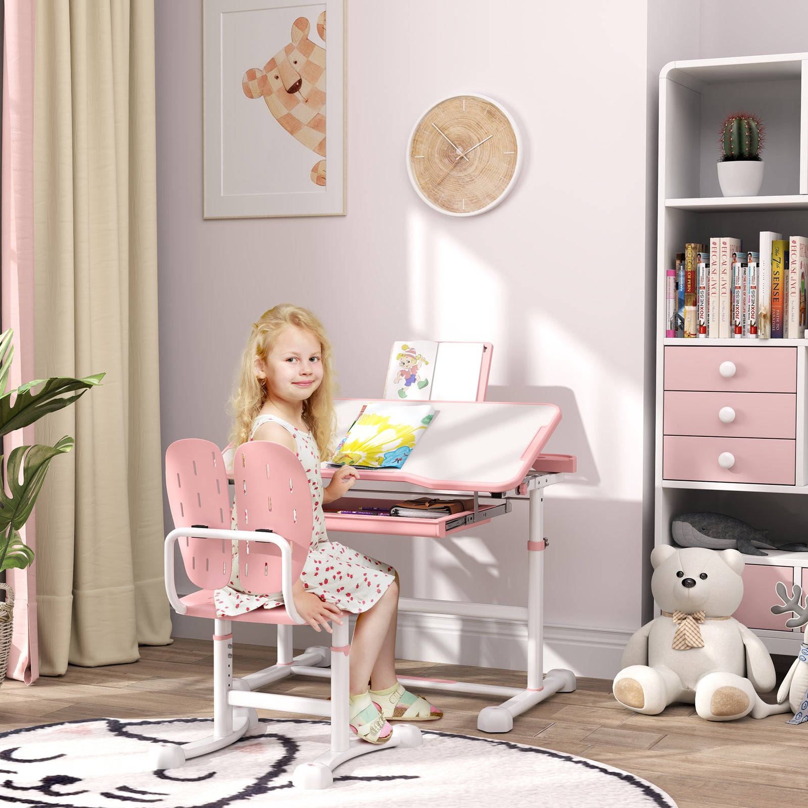 Height Adjustable Kids Desk And Chair Set W/ Tilted Desktop | Pink