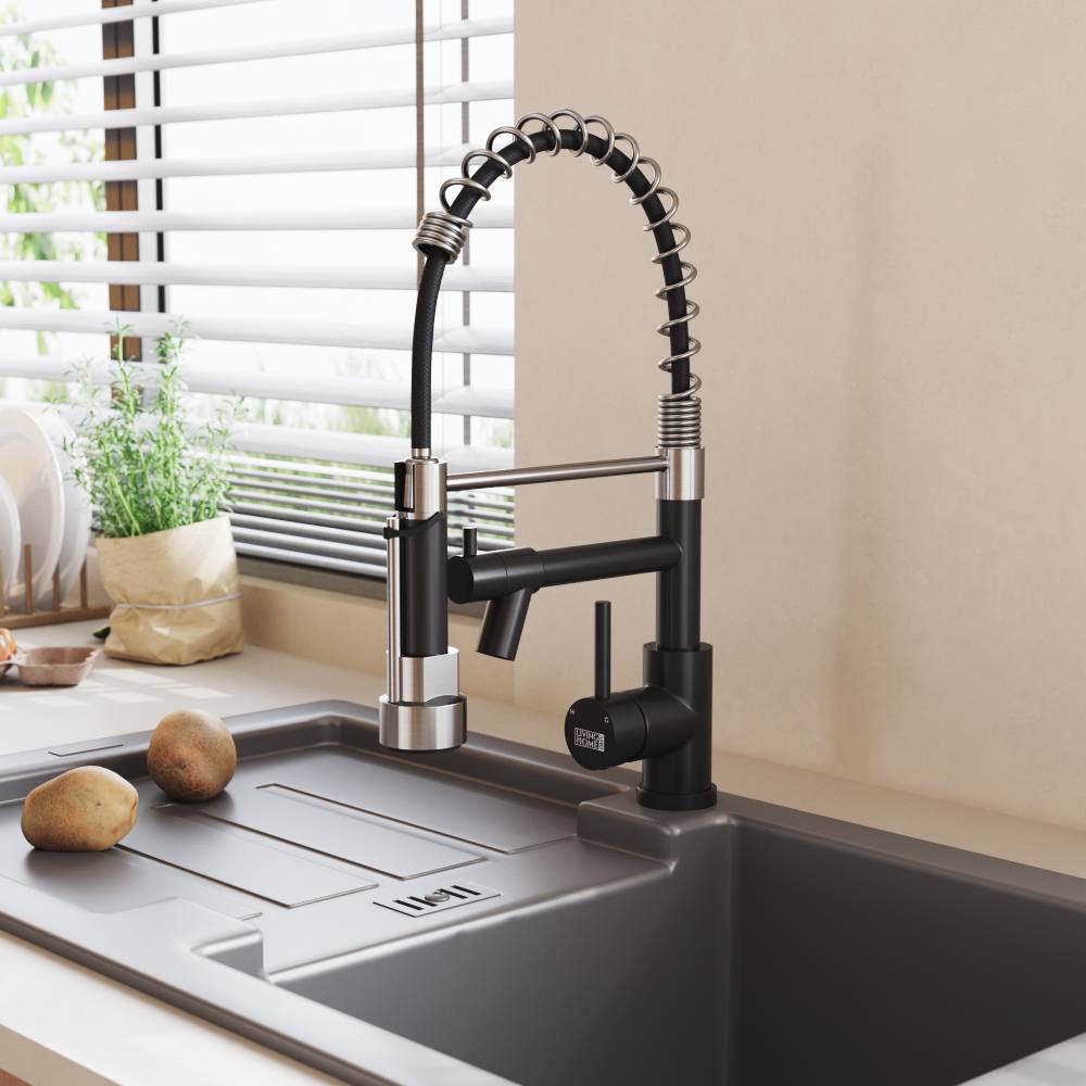 Stainless Steel Kitchen Faucet With Pull Down Spring Spout And Pot Filler | Chrome & Black
