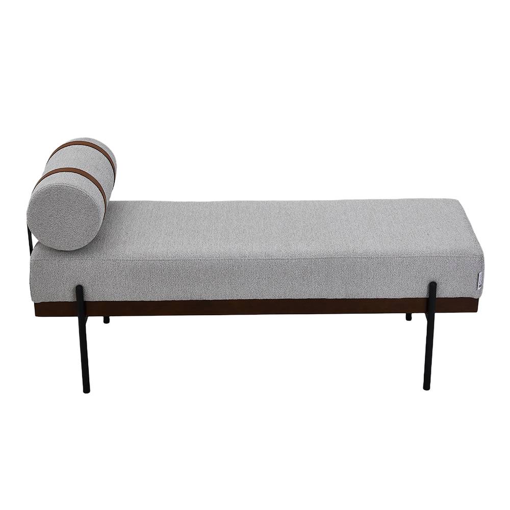 Modern Upholstered Bench With Bolster Pillow, Fine Linen Fabric Bedroom Bench With Metal Legs For End Of Bed | Light Grey