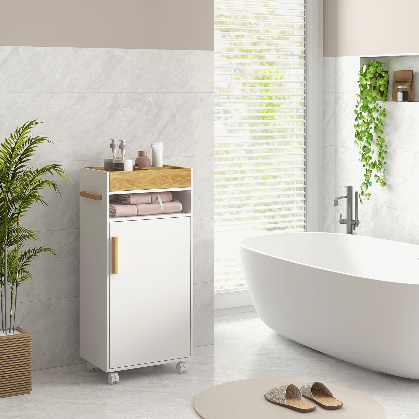 Bathroom Storage Cabinet With Cushioned Door And Wheels
