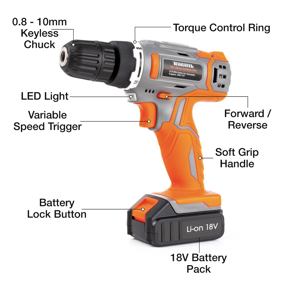 18v Cordless Drill And Screwdriver Set & Drill Bit Kit Li-ion Battery Included, Lightweight Power Battery Drill | 13 Piece Kit – 1x Battery + Charger + Carry Case | Orange