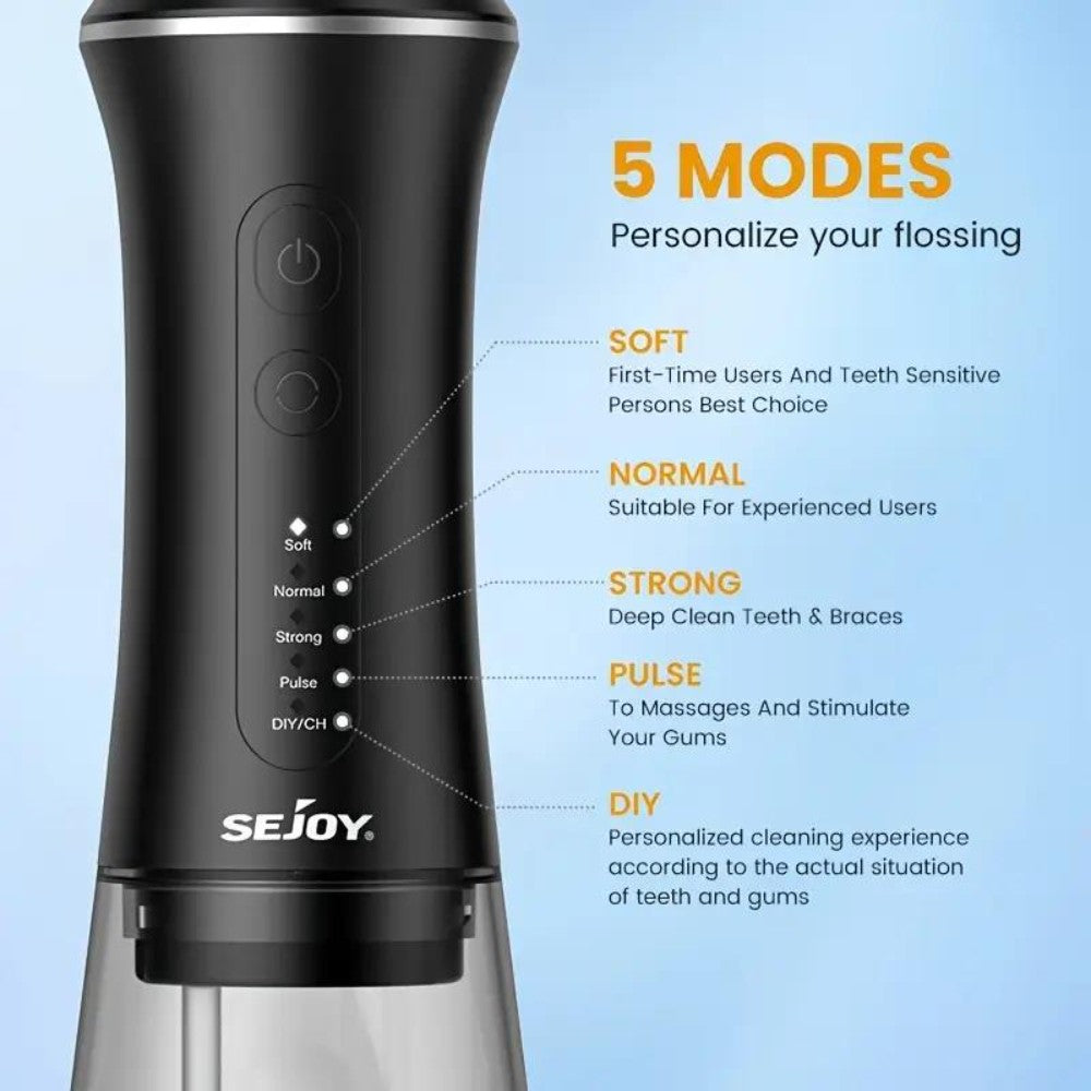 Dyzi Black Cordless Oral Irrigator 350ml Tank 5 Modes Water Flosser