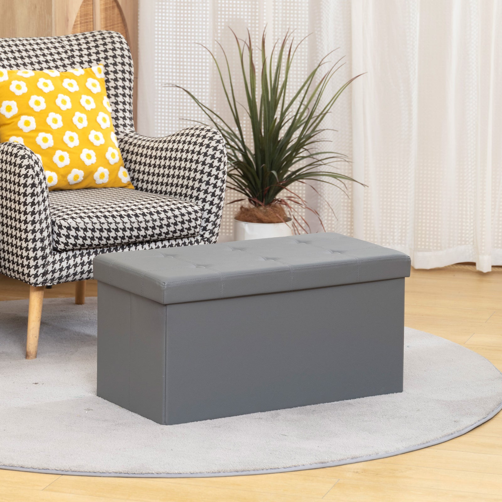 Storage Ottoman Bench, 89l Pu Leather Folding Foot Rest | Grey
