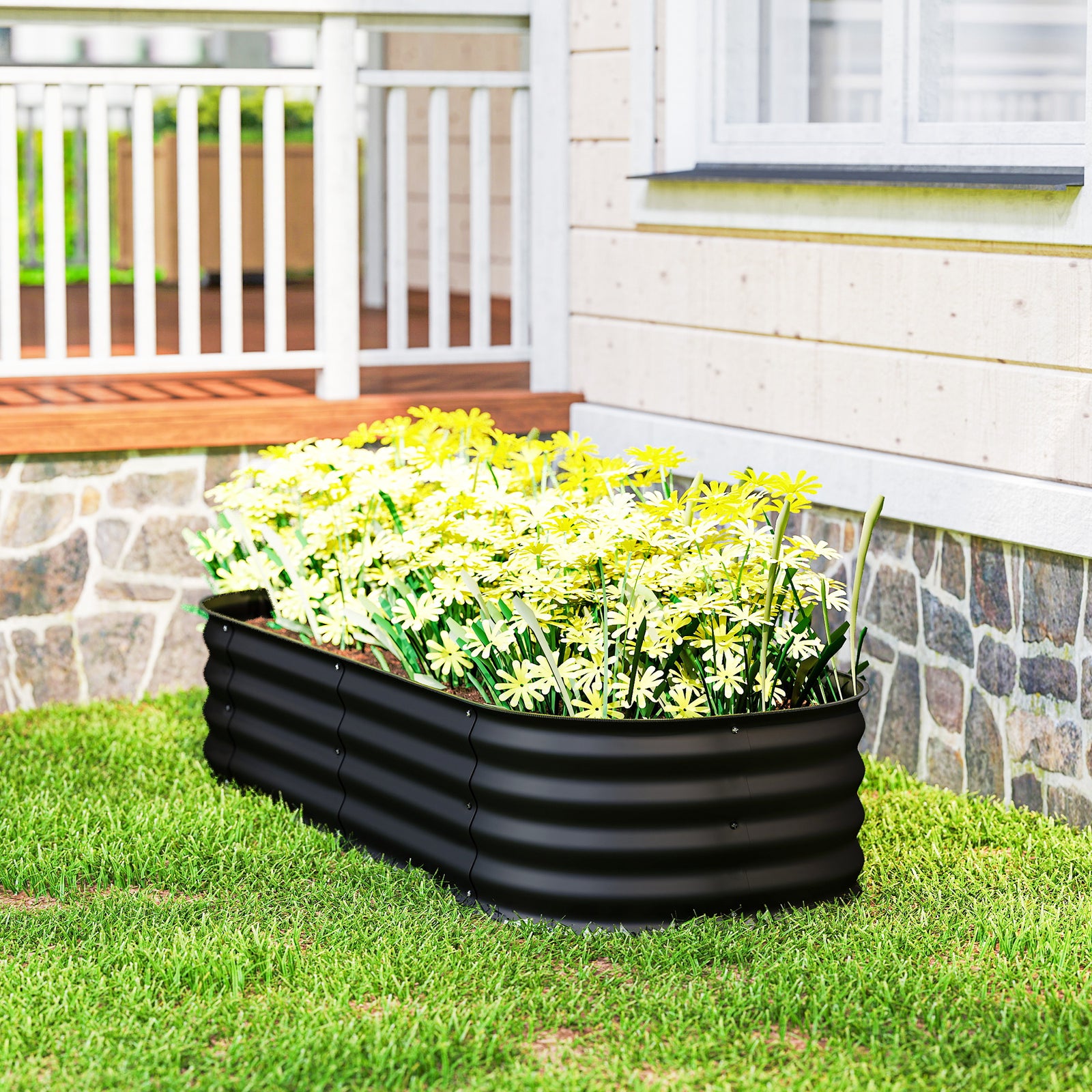 Galvanised Raised Garden Bed Planter Box With Safety Edging | Black