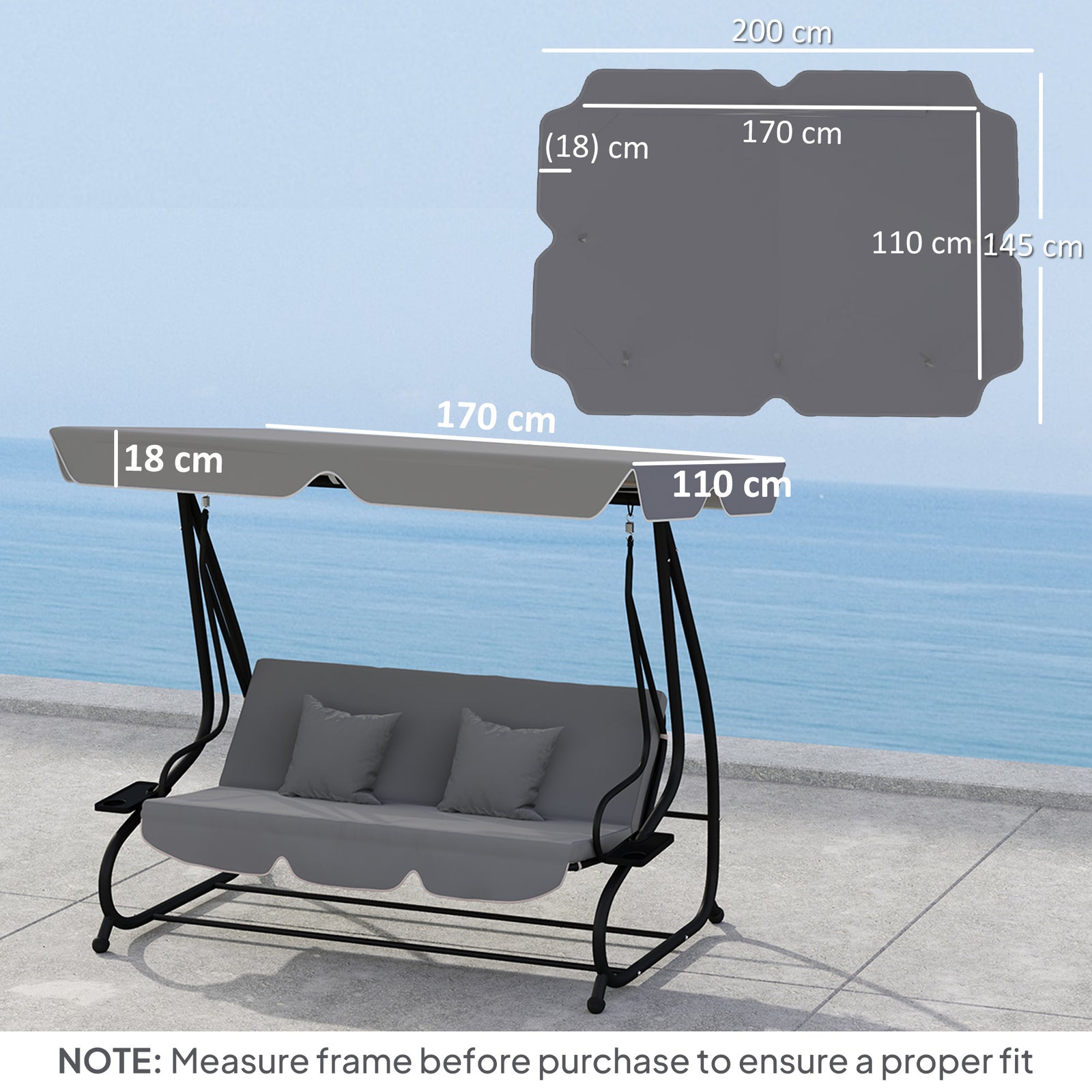 Waterproof Garden Swing Canopy Replacement 3 Seater | Dark Gray