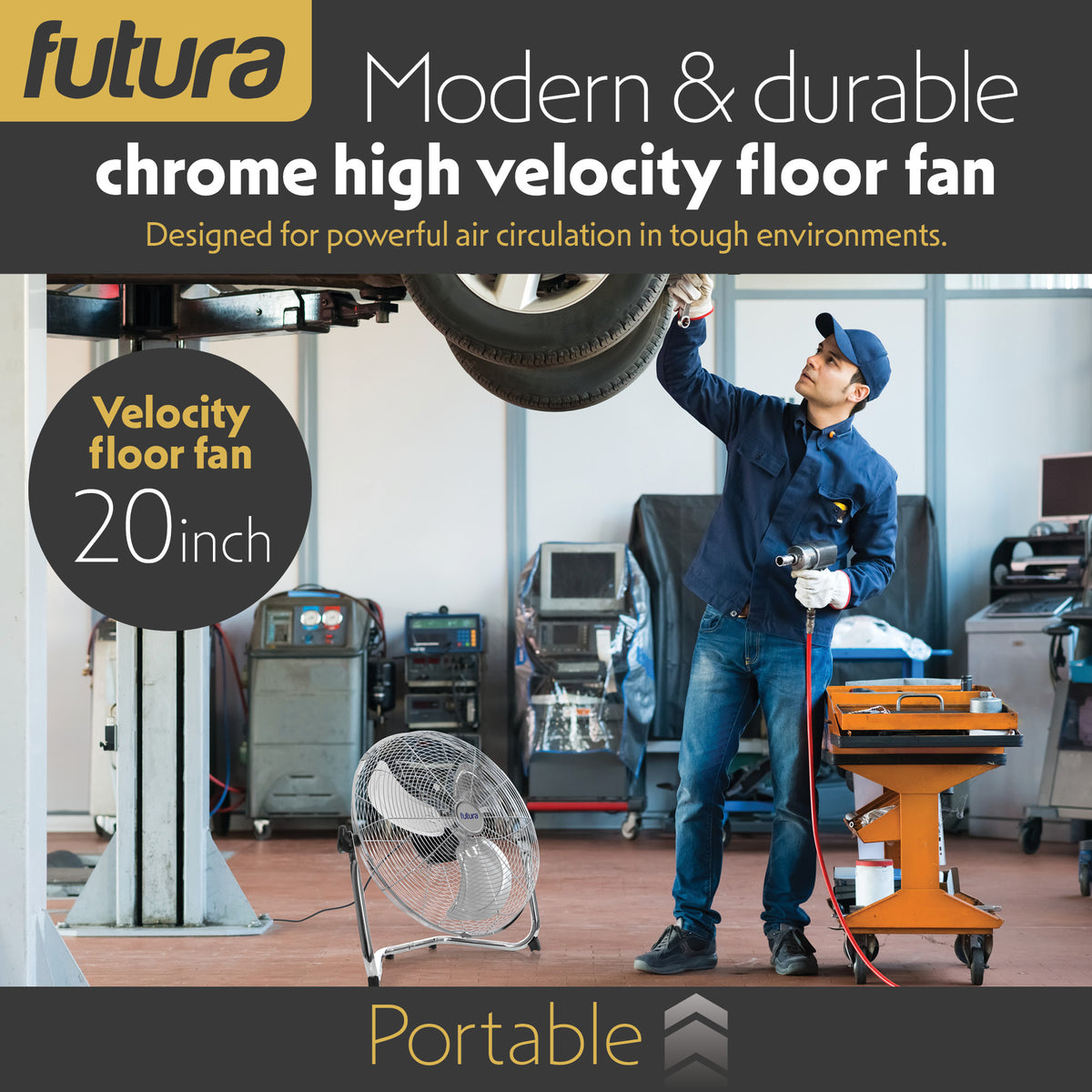 Floor Fan High Velocity Portable Chrome Fan Adjustable 3 Speed Standing Industrial Large Cooling Metal Gym Fan | 20" | Silver