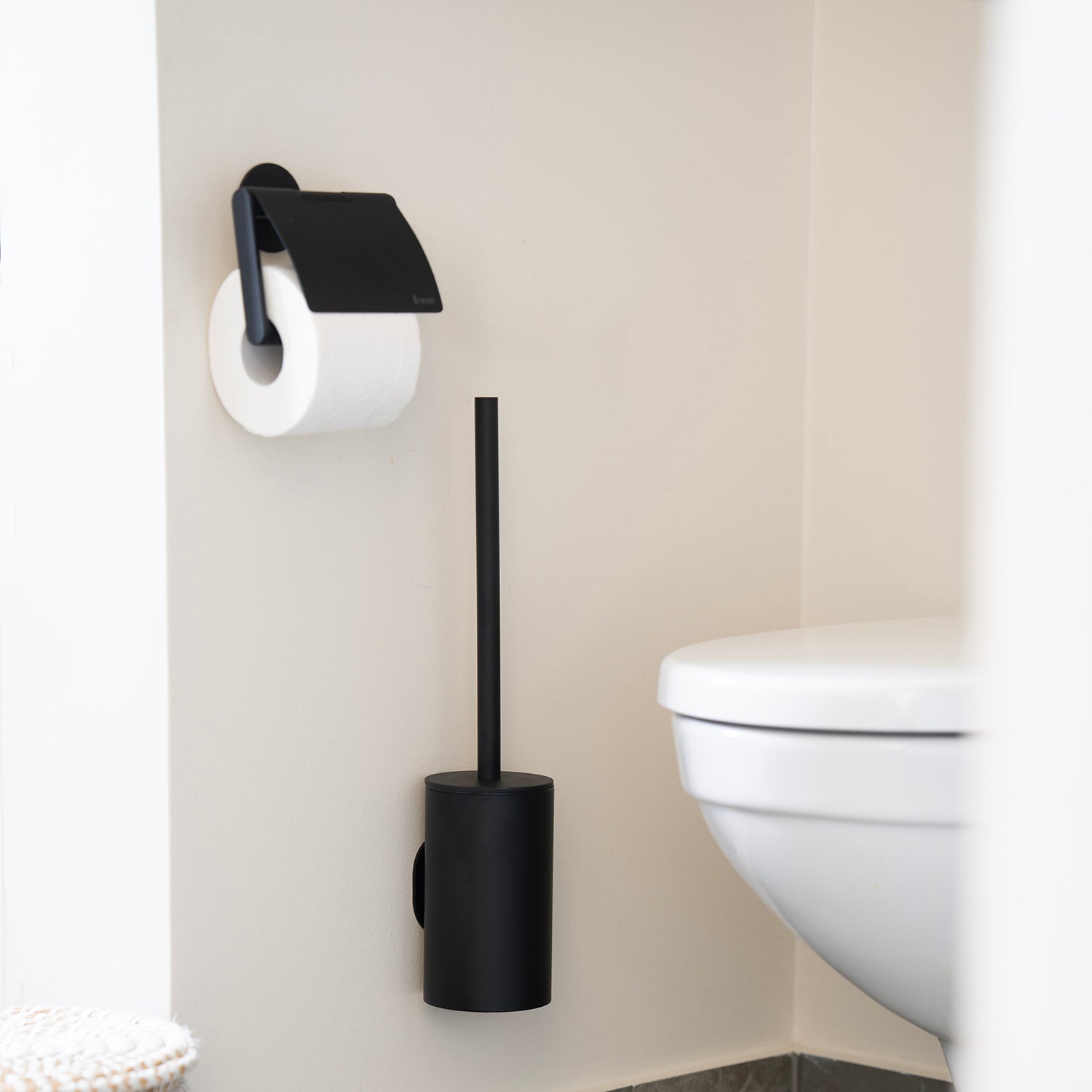 Toilet Roll Holder With Lid Cover - Self Adhesive Wall Mount | Black