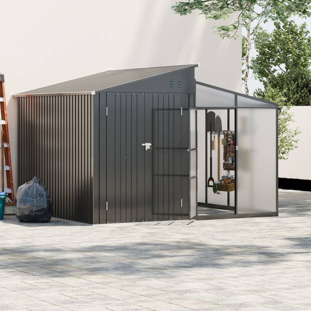 2-in-1 Metal Shed With Greenhouse, Transparent Pc Panels – 10 X 9ft, Zinc Steel & Polycarbonate Construction