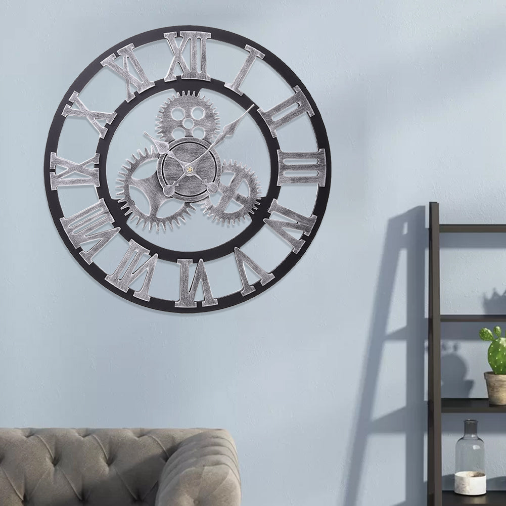 Industrial Large Retro Silent Wall Clock For Home Decor | Silver