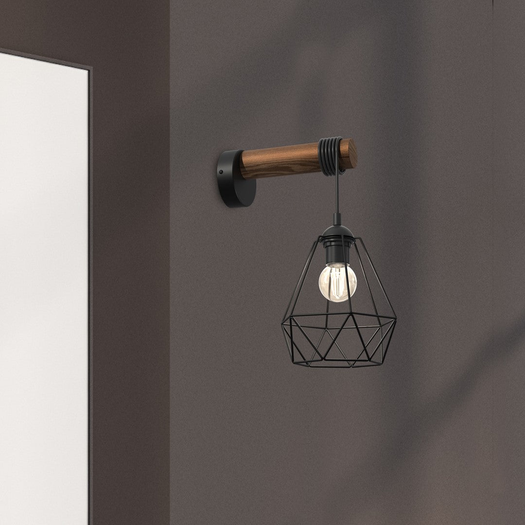 Acero Wall Lamp 1xe27 This Hand Made Industrial Style Lamp Is Hand Made From Sleek Black Steel And Natural Dark Wood