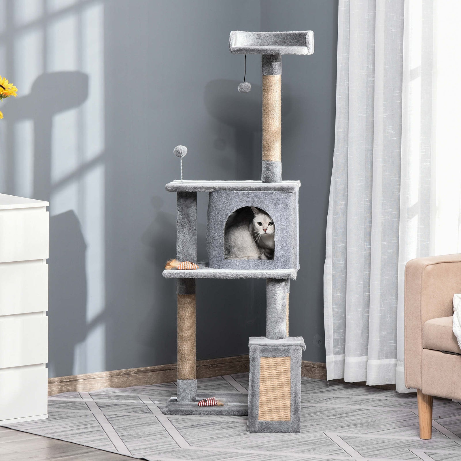 Cat Tree Tower Climbing  Activity Center With Jute Scratching Post, Grey